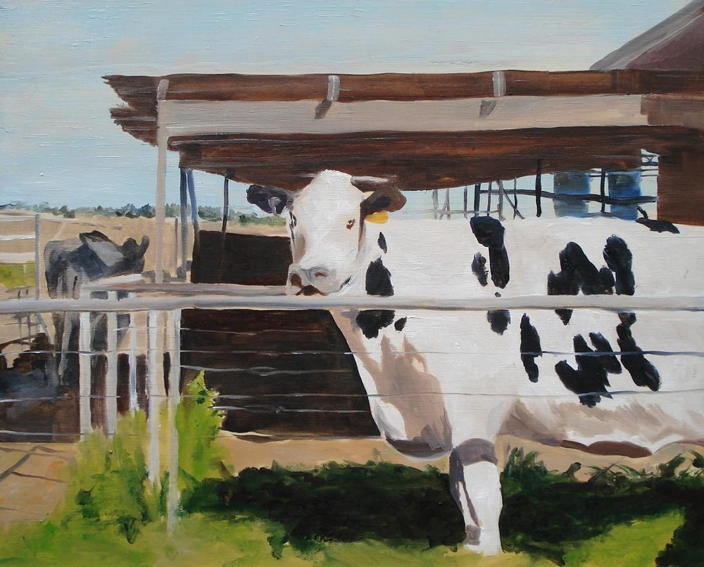 Title: "The chooks have laid and I’m making banana bread with our first egg. It had two yolks!"
Medium: Oil on plywood
Size: 35 x 45cm