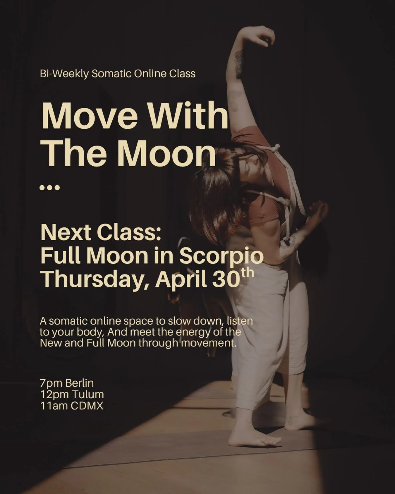 For the next Full Moon in Scorpio we&lsquo;ll move again - working with the pelvis. 

Scorpio Full Moons are known to be quite intense (depending on your placements of course) so I am happy to offer a somatic space where we don&rsquo;t talk much, but