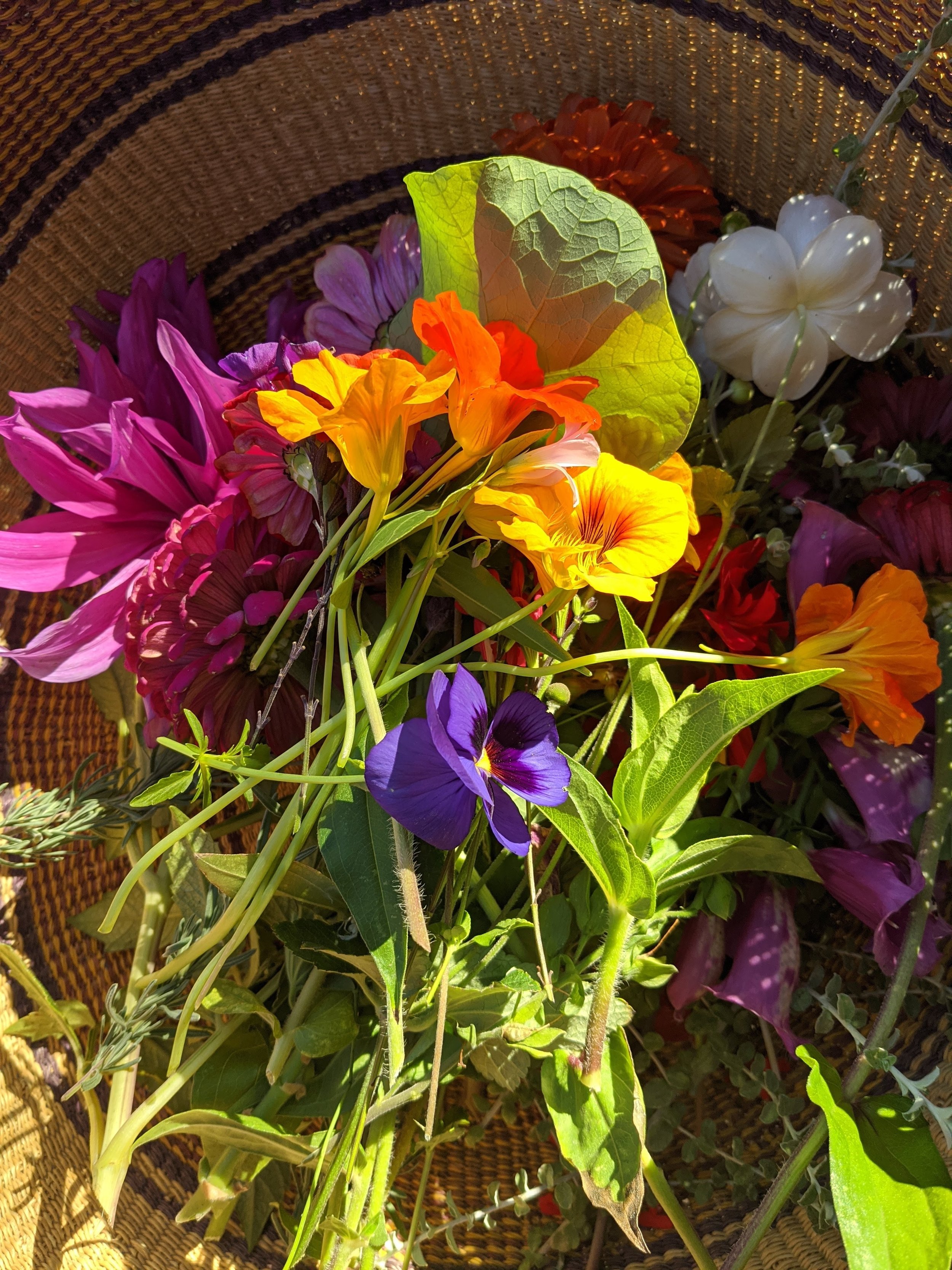 A basket of brightly colored flowers.