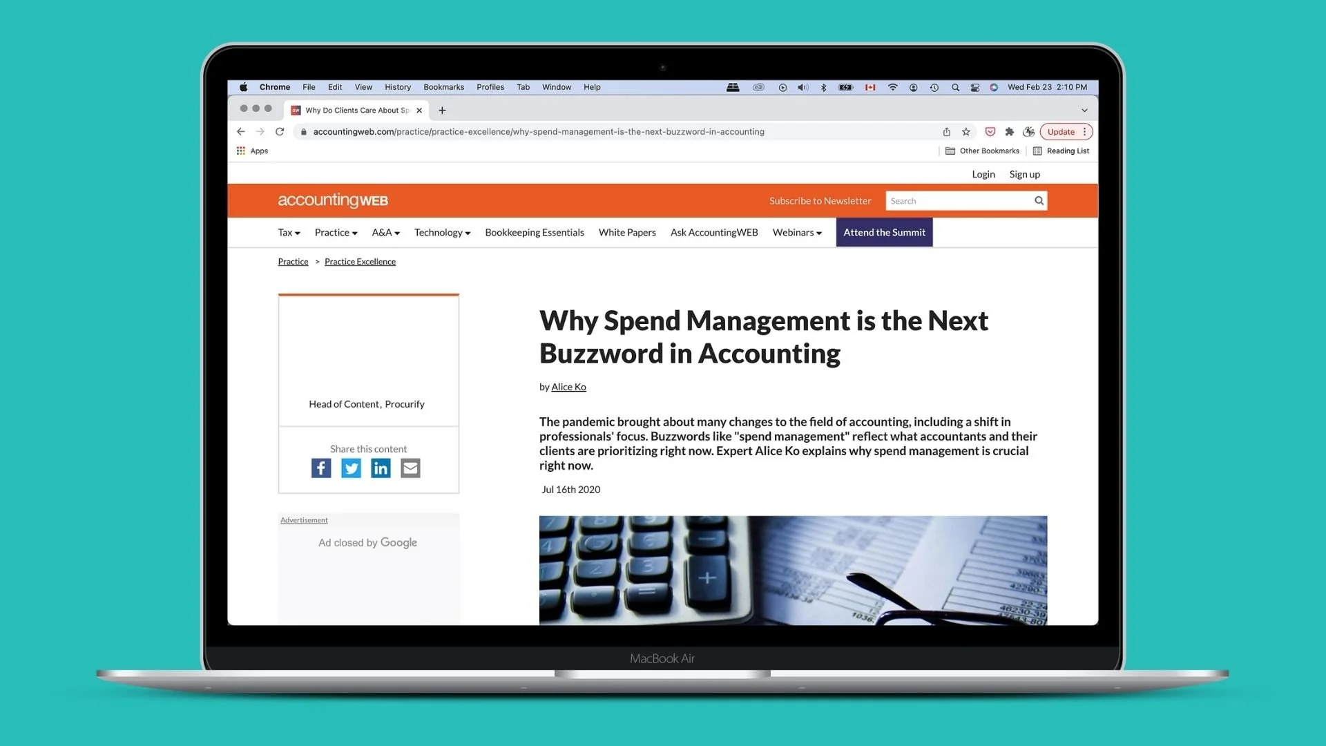laptop with AccountingWeb feature loaded