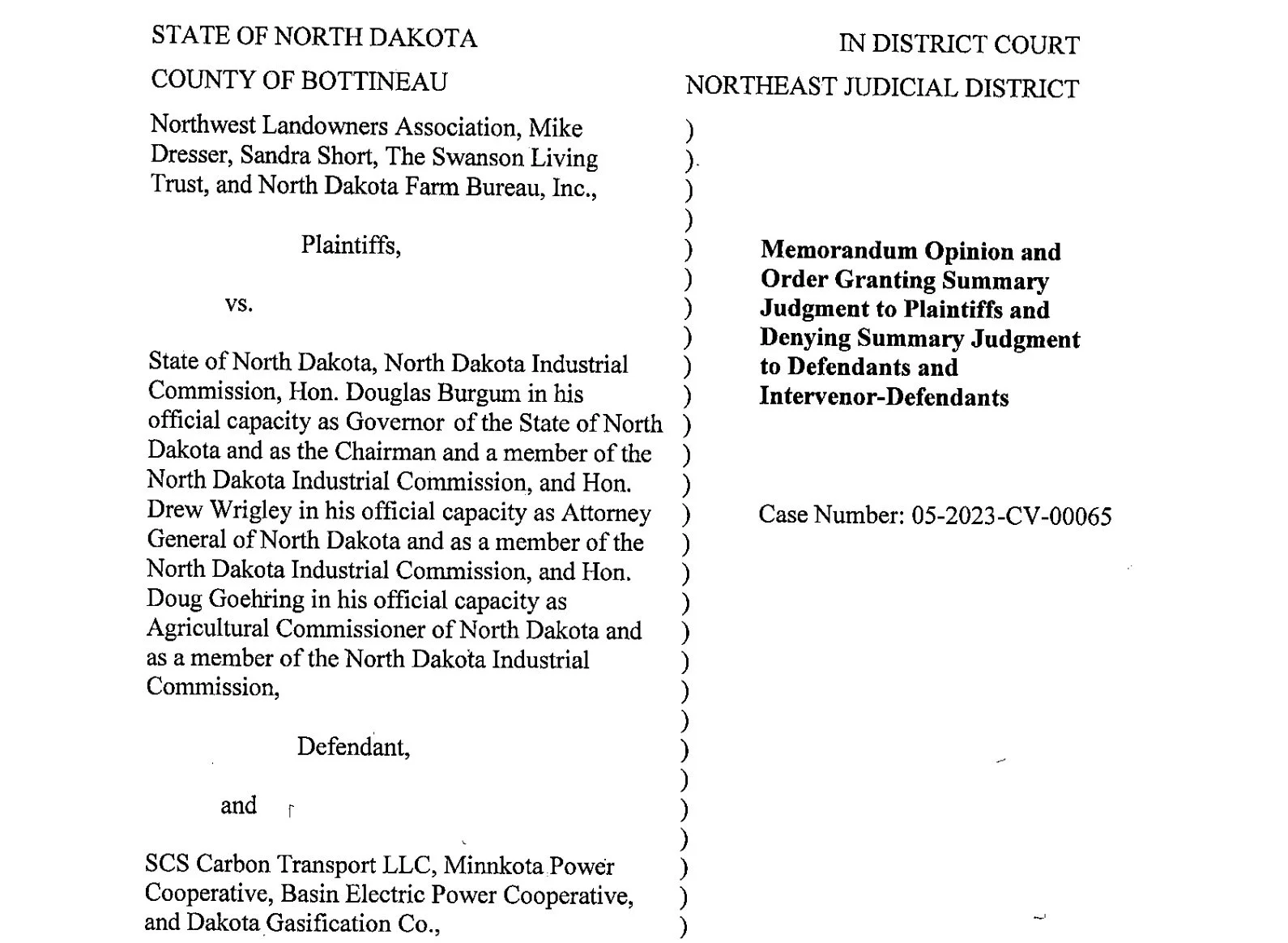 PRESS RELEASE: North Dakota Court Sides With Landowners' Property Rights, Rules CO2 Pore Space Amalgamation Law is Unconstitutional