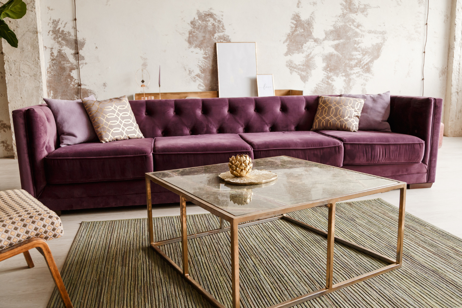 contemporary living room purple velvet sofa large coffee table wallpaper luxury textiles that elevate your home.png