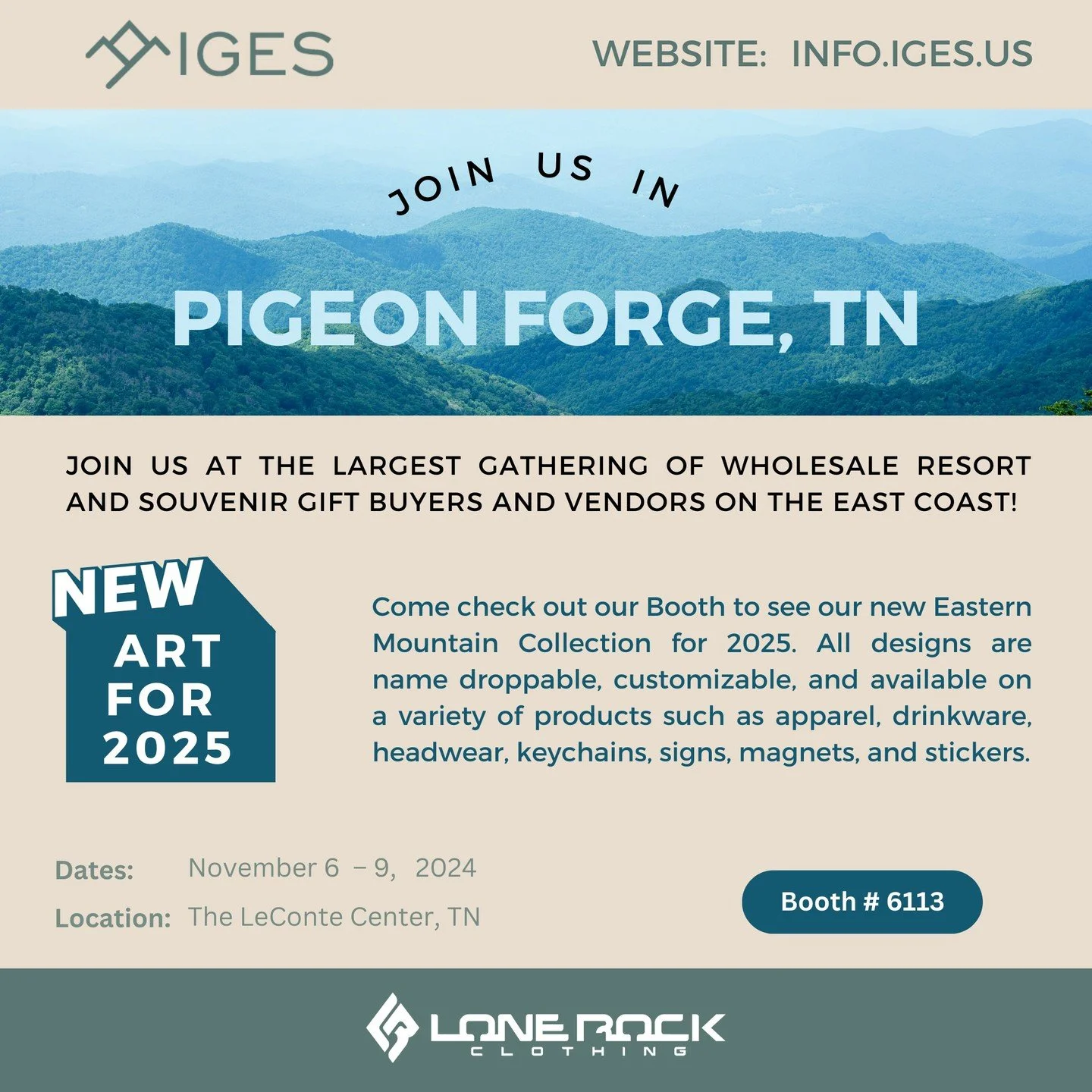 Join us in Tennessee later this week for our Eastern Mountain Trade Show! Lone Rock Clothing is thrilled to showcase our new line designed specifically for the rolling hills, scenic lakes, and cozy campfire scenes of the Rocky Mountain Region. Come s