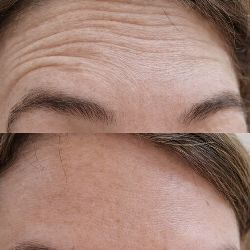 Close-up of a woman's forehead before and after subtle Botox Anti-Wrinkle treatment designed to prevent deeper forehead lines and maintain smooth, youthful skin.