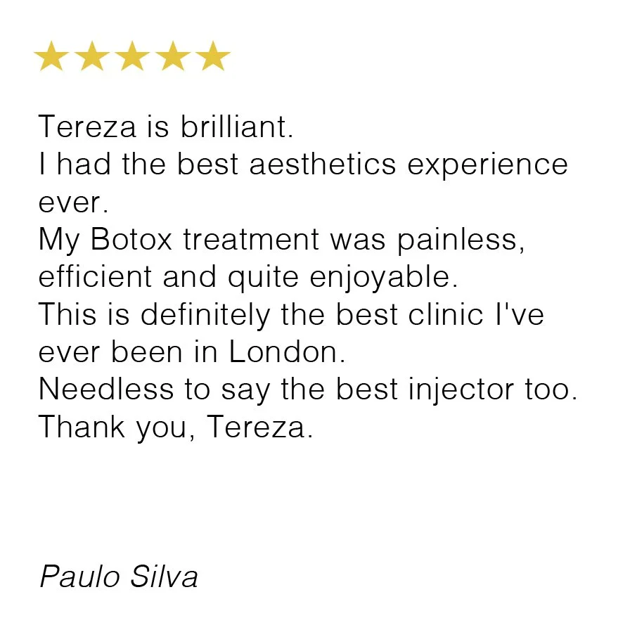 Customer review with five stars, praising Tereza for her excellent Botox treatment, mentioning it was painless, efficient, and enjoyable, and stating it's the best clinic in London.