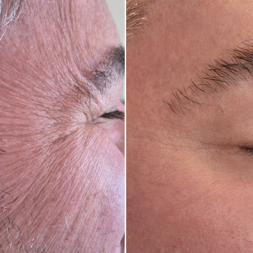 Close-up comparison of skin before and after botox treatment showing wrinkles and fine lines on the left side and smooth, clear skin on the right side.
