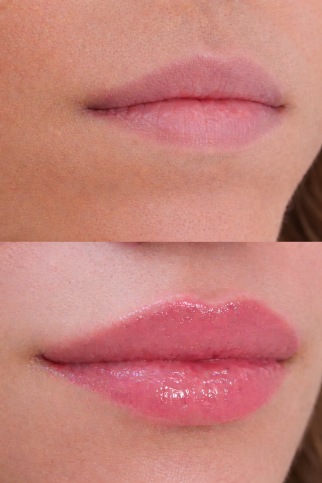 Close-up of a person's lips before and after applying lip gloss. The top image shows dry, matte lips. The bottom image shows shiny, moisturized lips with lip gloss applied.