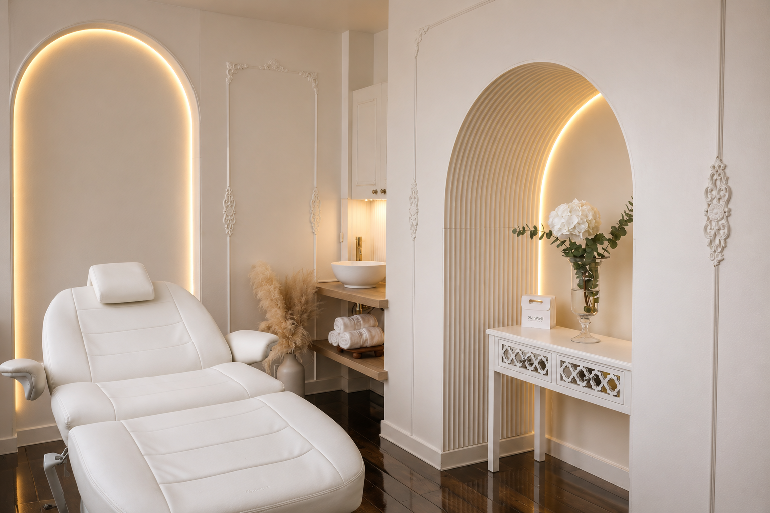 Treatment room with a white massage chair, decorative wall arches with soft lighting, a small sink with rolled towels underneath, and a white table with a glass vase of white flowers.