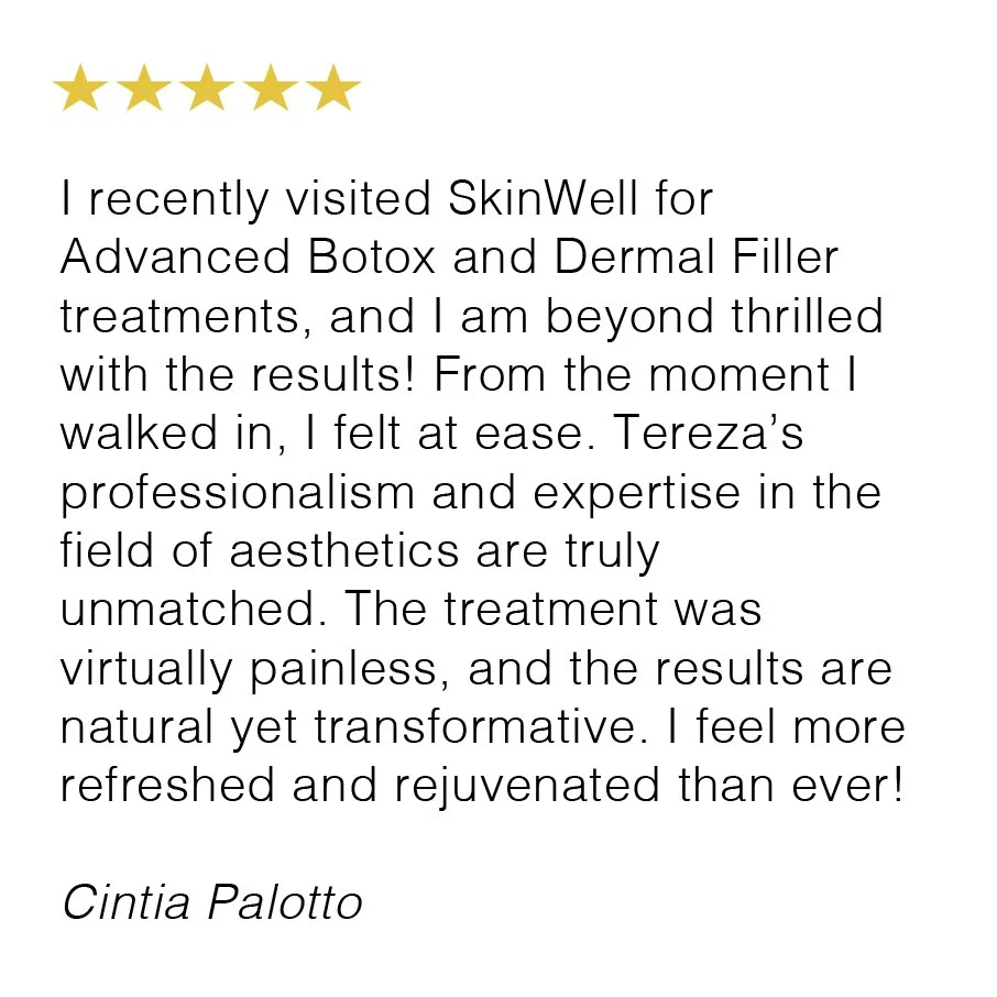 Customer review with five gold stars praising SkinWell for advanced Botox and dermal filler treatments, describing positive experience and natural, rejuvenating results.