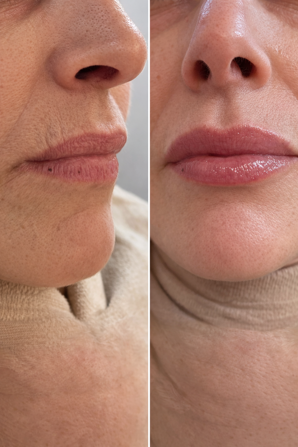 Side-by-side comparison of a woman's face, showing improved lip contour before and after a cosmetic lip filler treatment.