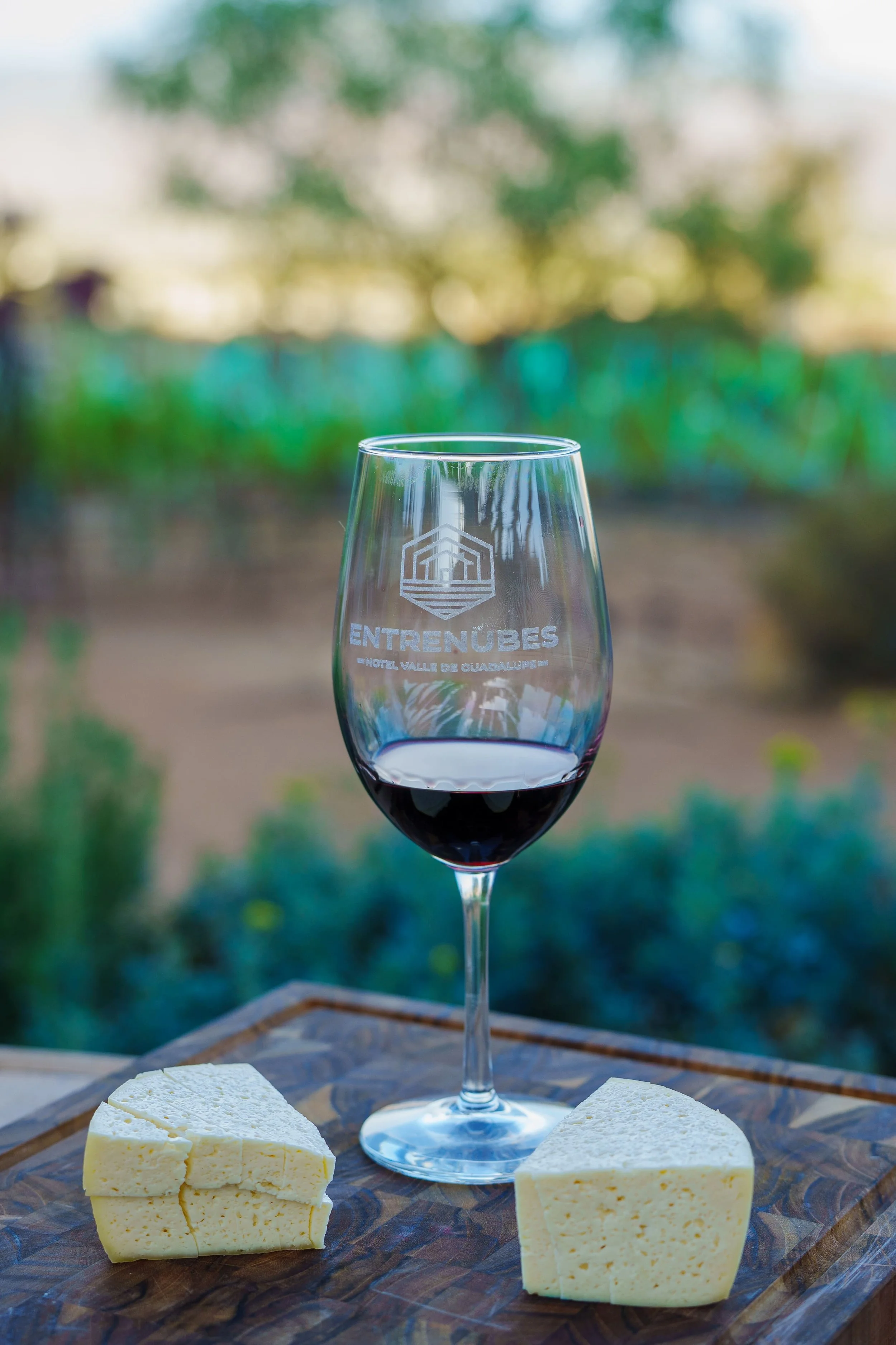 A glass of red wine on a wooden table with cheese chunks around it, against a blurred green outdoor background.