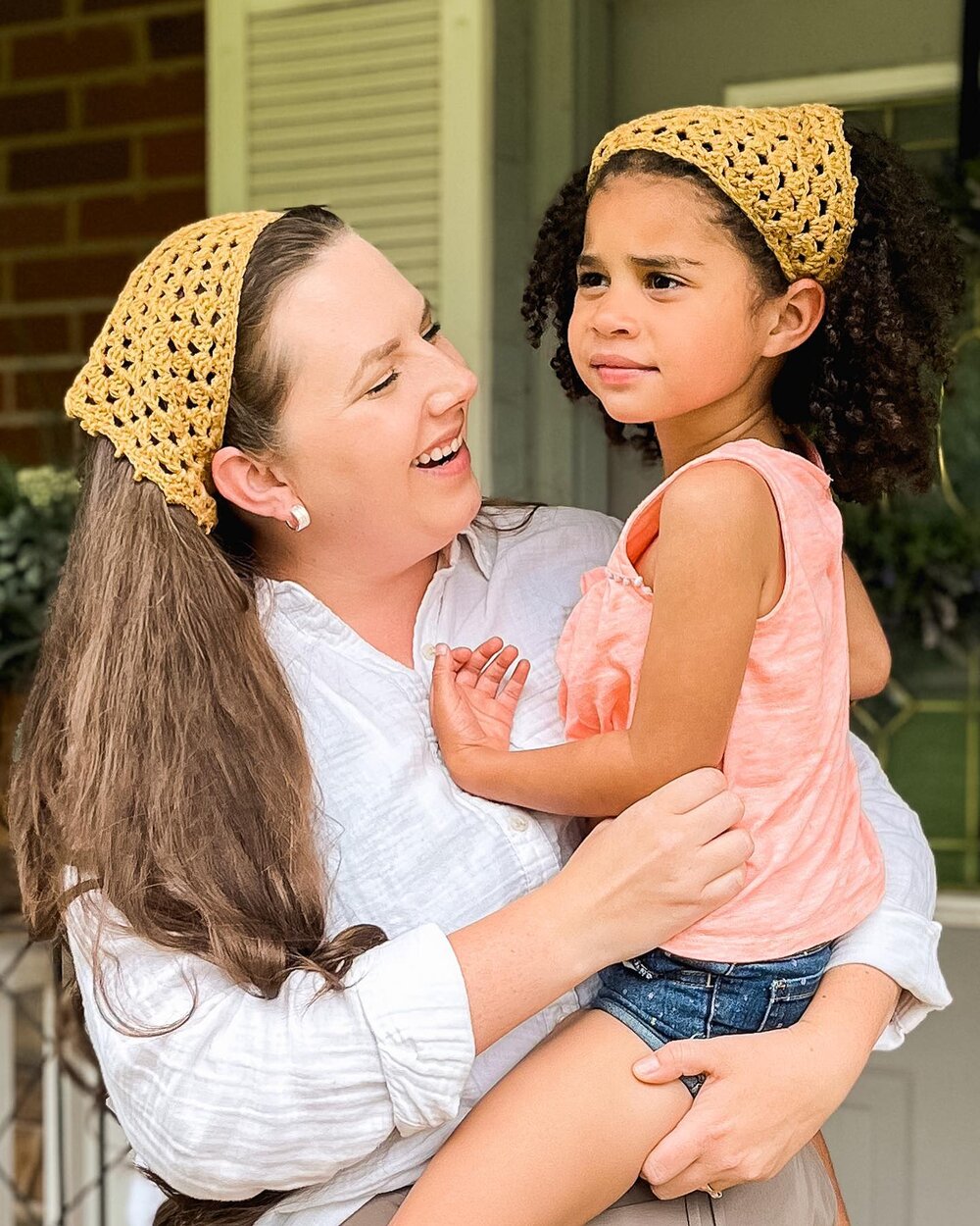 Happy crochet mom day 💛

Lucy was so excited to make these crochet bandanas together! I&rsquo;m always down to match my girl 🥰

Have you crocheted a bandana before?! 

Pattern: Crochet Granny Bandana by @hayhaycrochet 

Yarn: @lionbrandyarn Re-Twee