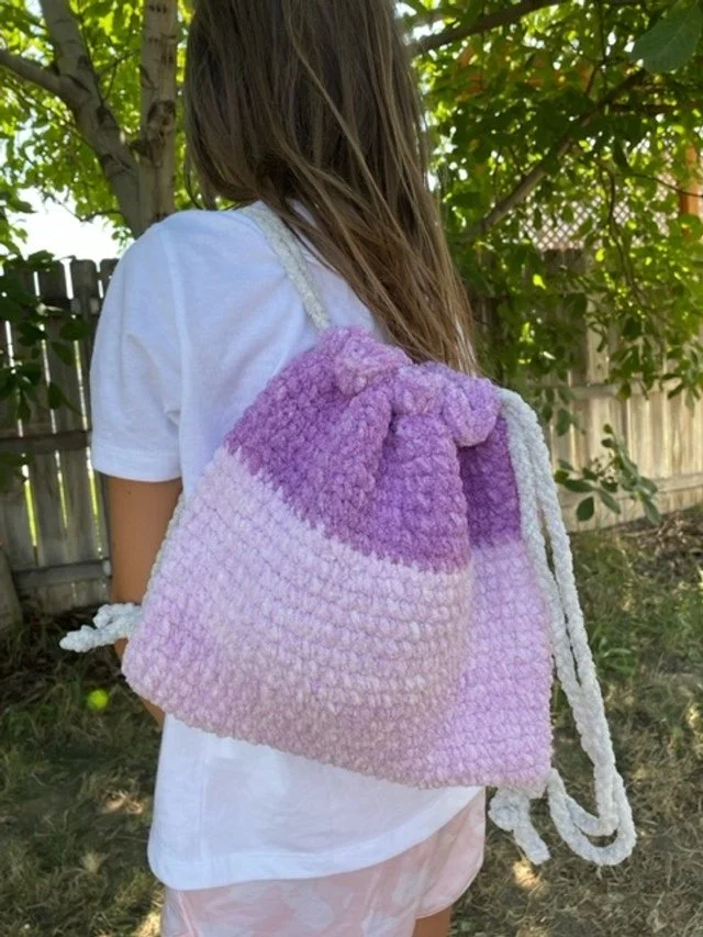 Crochet Drawstring Backpack - Purple & Gray Plum Purple and Black Crochet Drawstring Backpack - Etsy main image 4