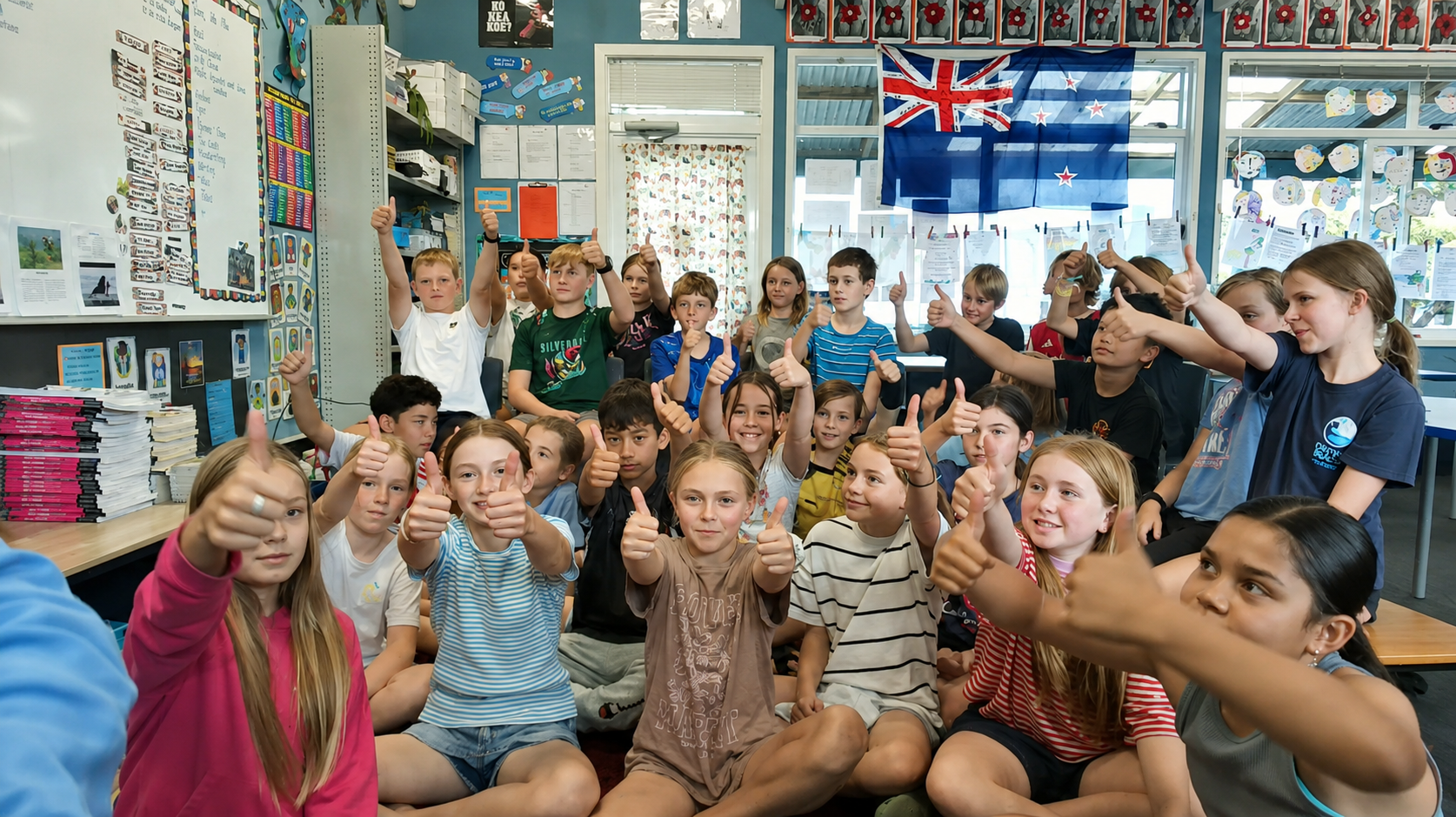 Orewa Beach School students give a thumbs up to  Farmer Time for Schools.