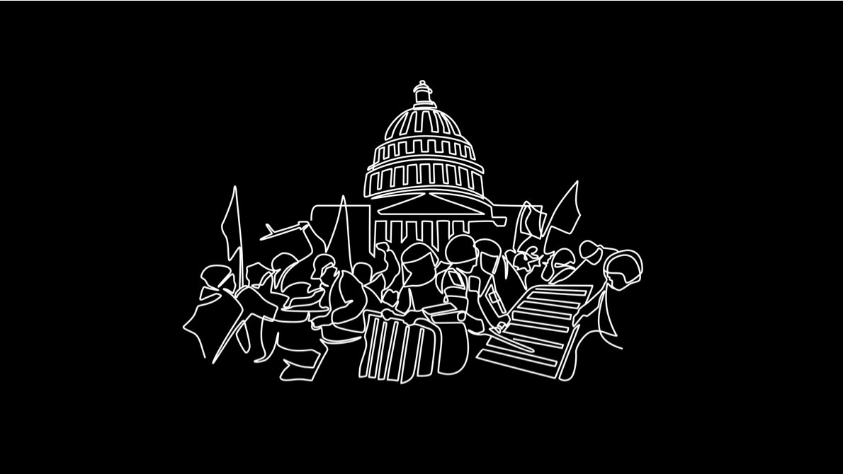 Line art depicting the 1/6 mob attacking police with the Capitol in the background.