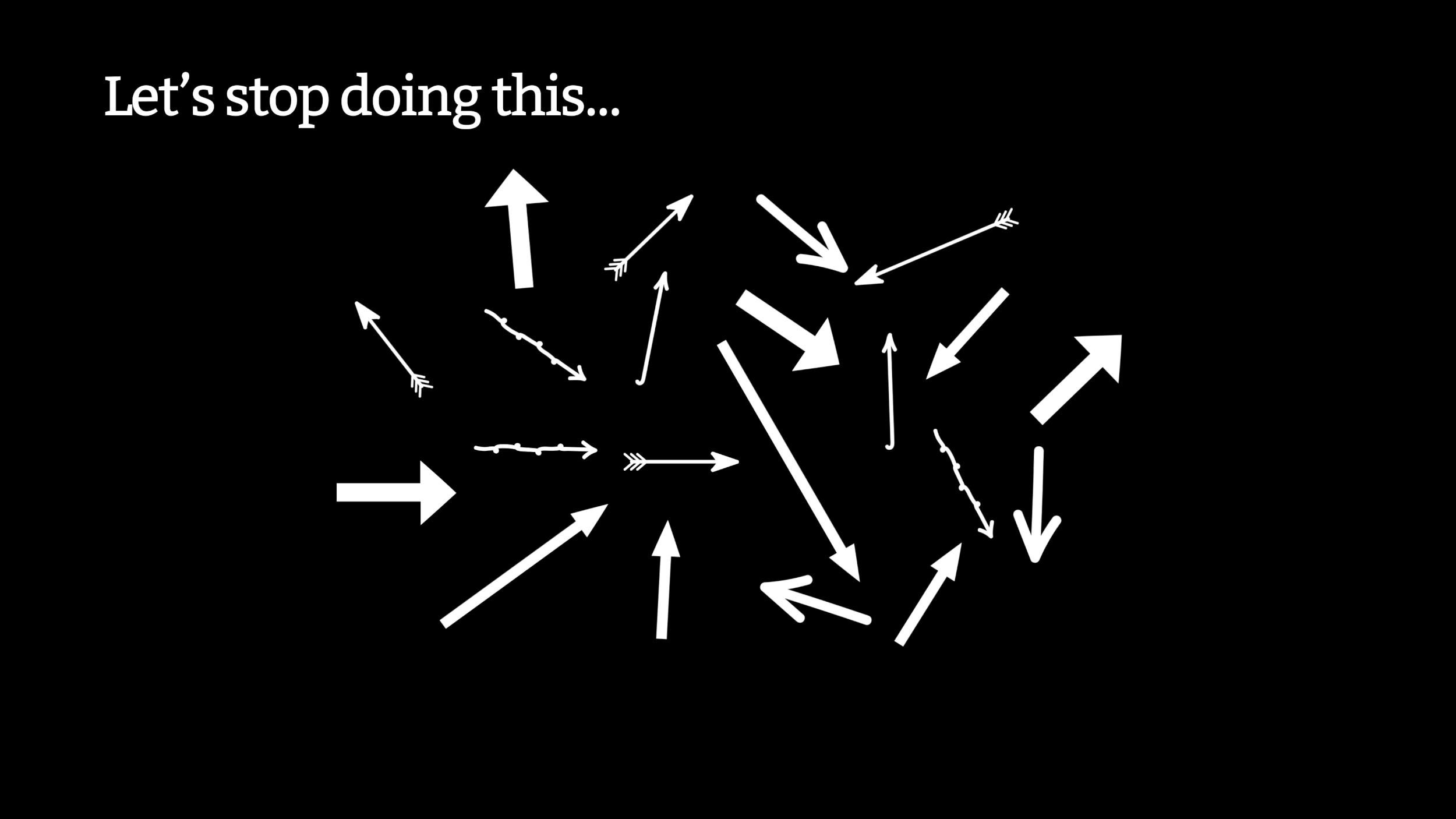 GIF of many different arrows starting out pointing in a wide variety of directions, and then launching into every direction and flying all over the place, before coming together in a neat arrangement of a greater arrow.