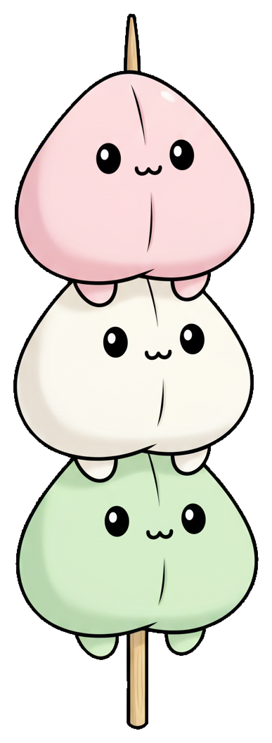 Three Lil Dango characters in pink, cream, and green stacked on a wooden dango skewer.