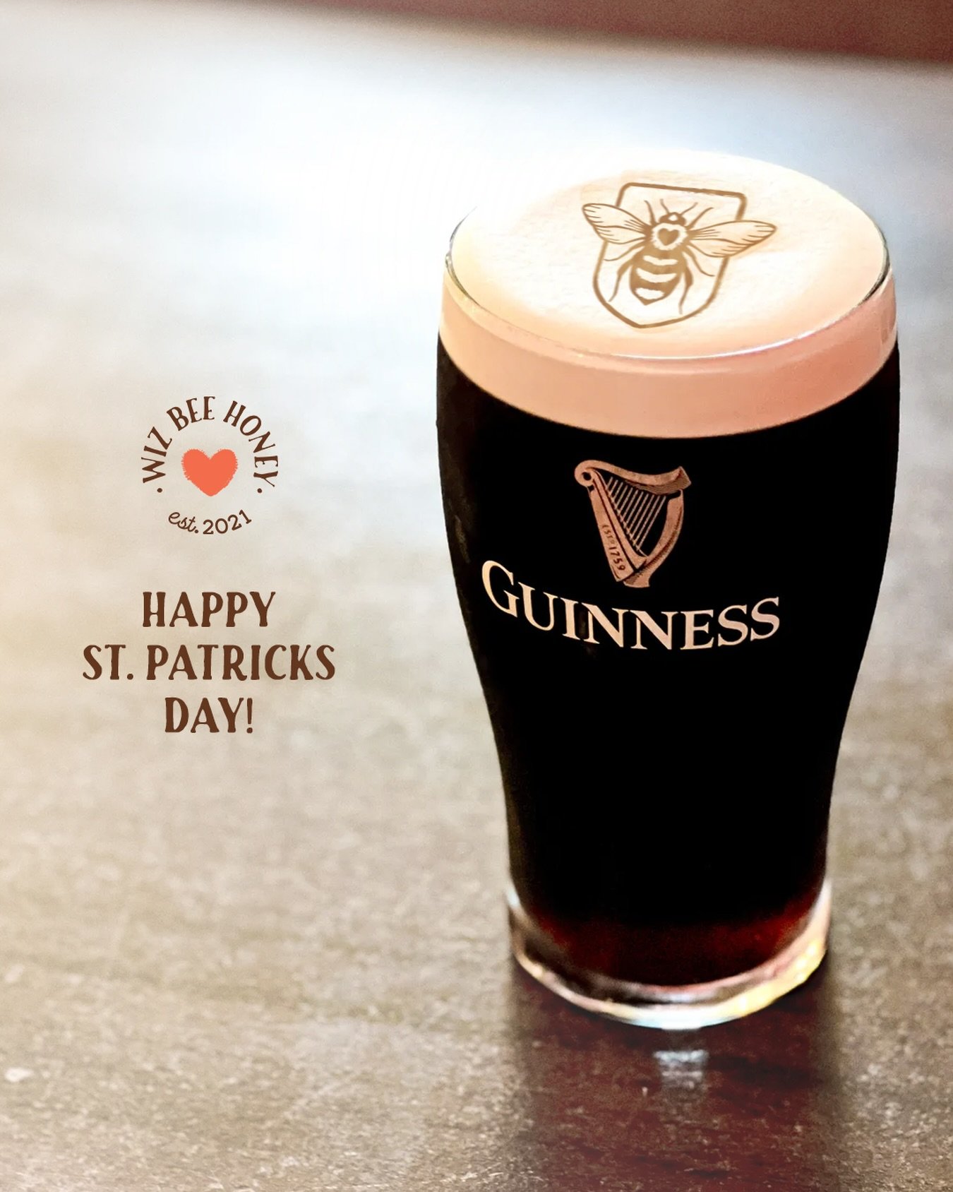 Happy St. Patrick&rsquo;s Day! To those celebrating, I wish you a safe and happy BUZZ 🐝😂
.
.
.
.
.
#wizbeehoneyca #stpatricksday #beerfoamart #happystpatricksday #guinness