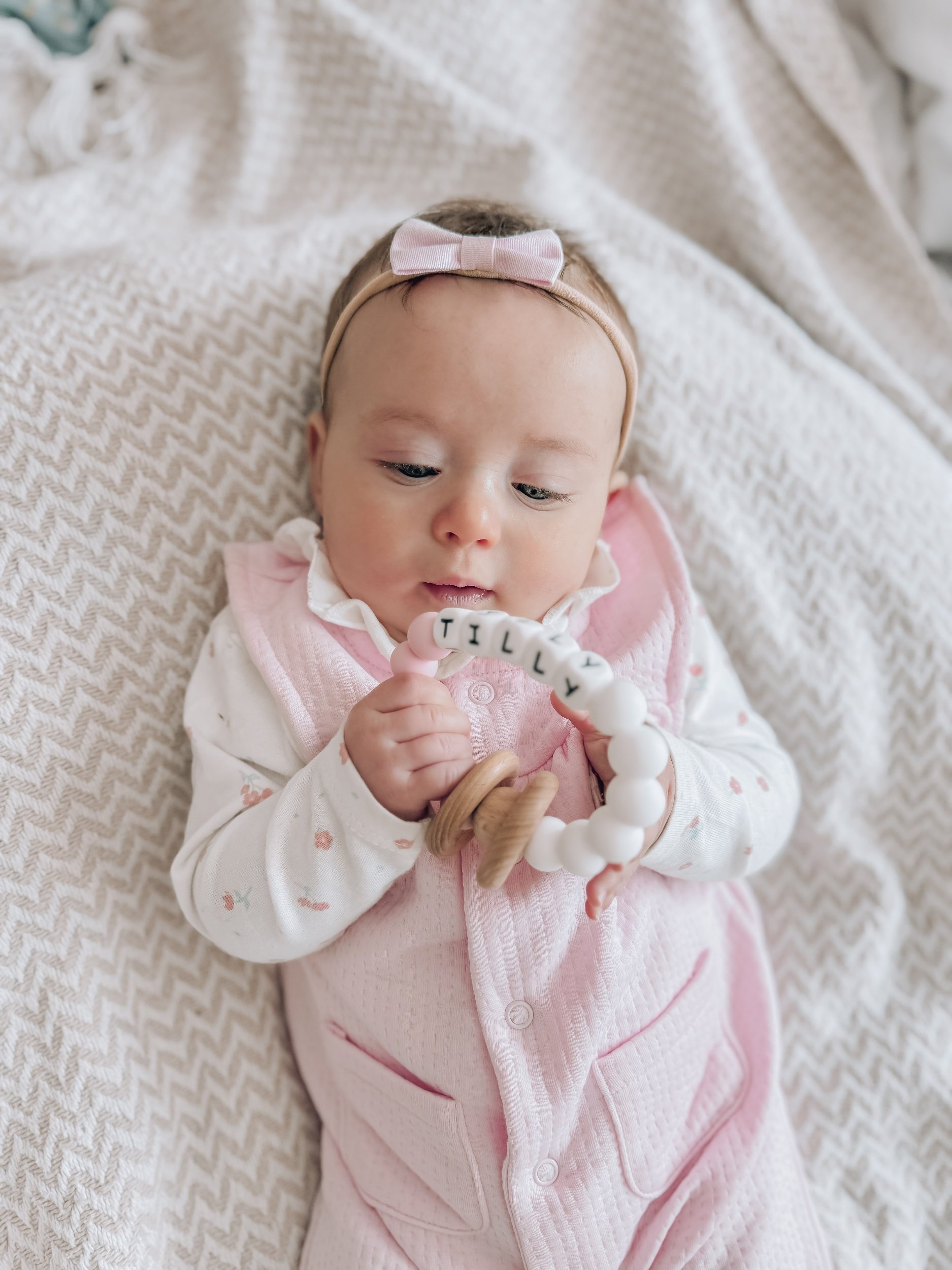 Personalised Silicone Beaded Teethers - Baby Pink / White