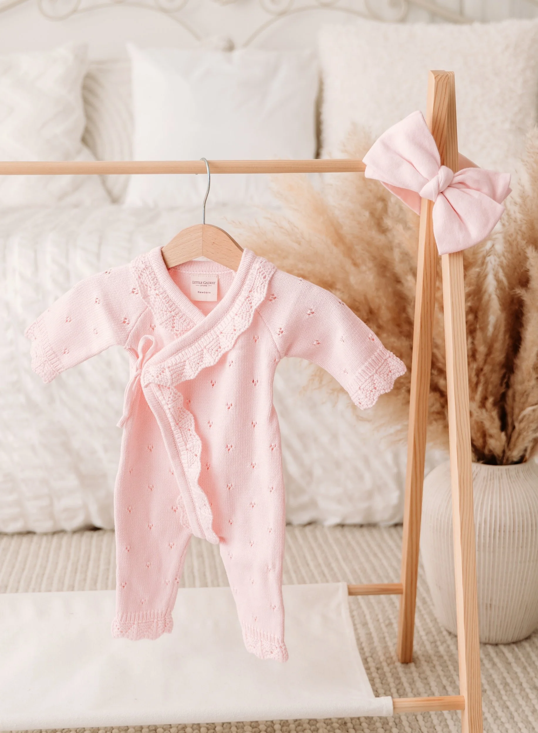 Powder Pink Pointelle Knit Romper & Bow Set