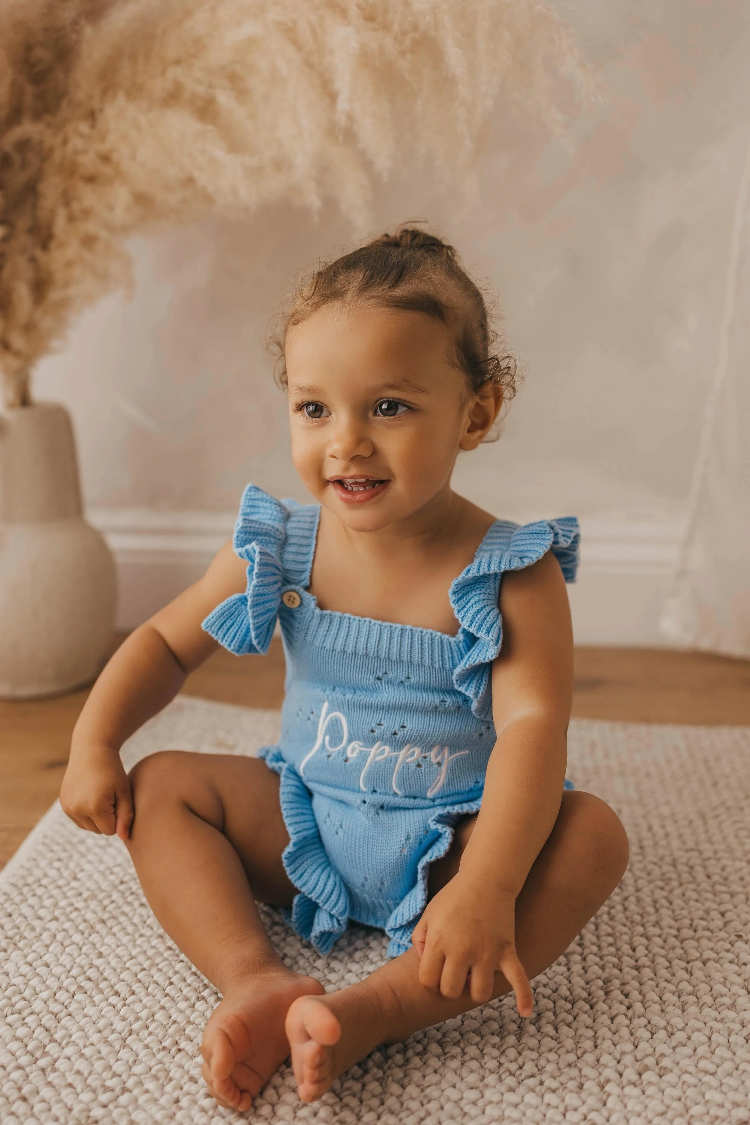 French Blue Ruffle Edge Romper