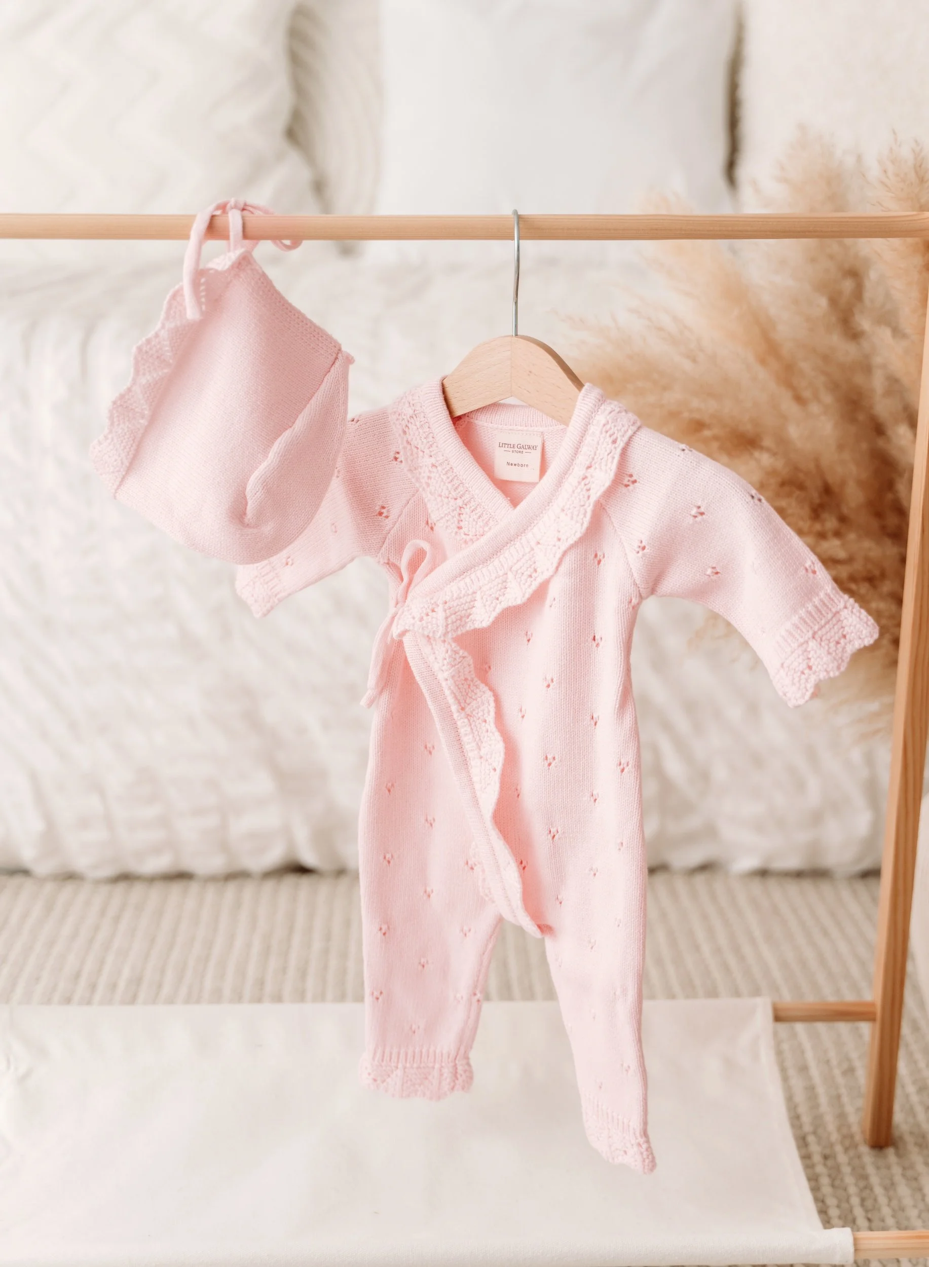 Powder Pink Pointelle Knit Romper & Bonnet Set