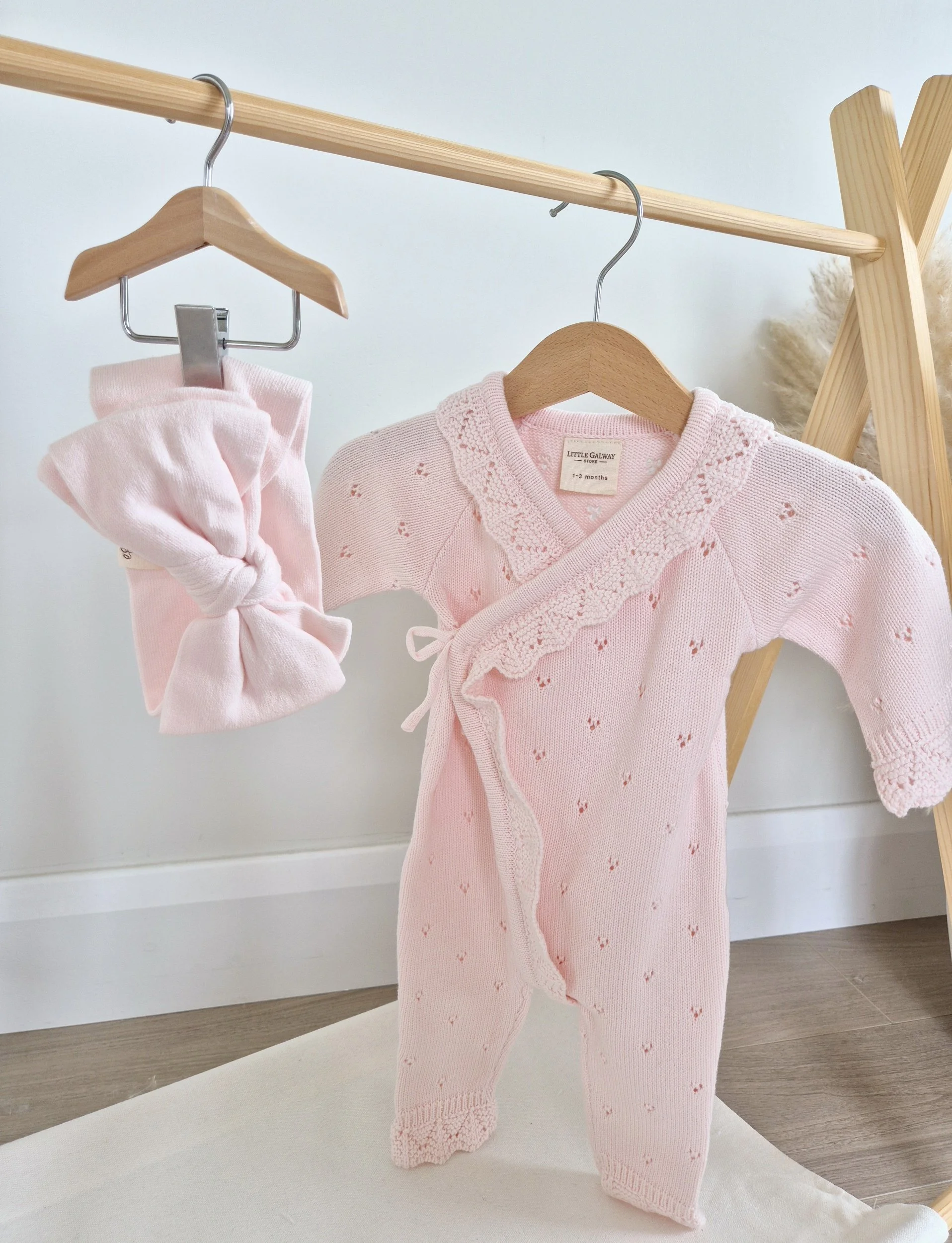 Powder Pink Pointelle Knit Romper & Bow Set