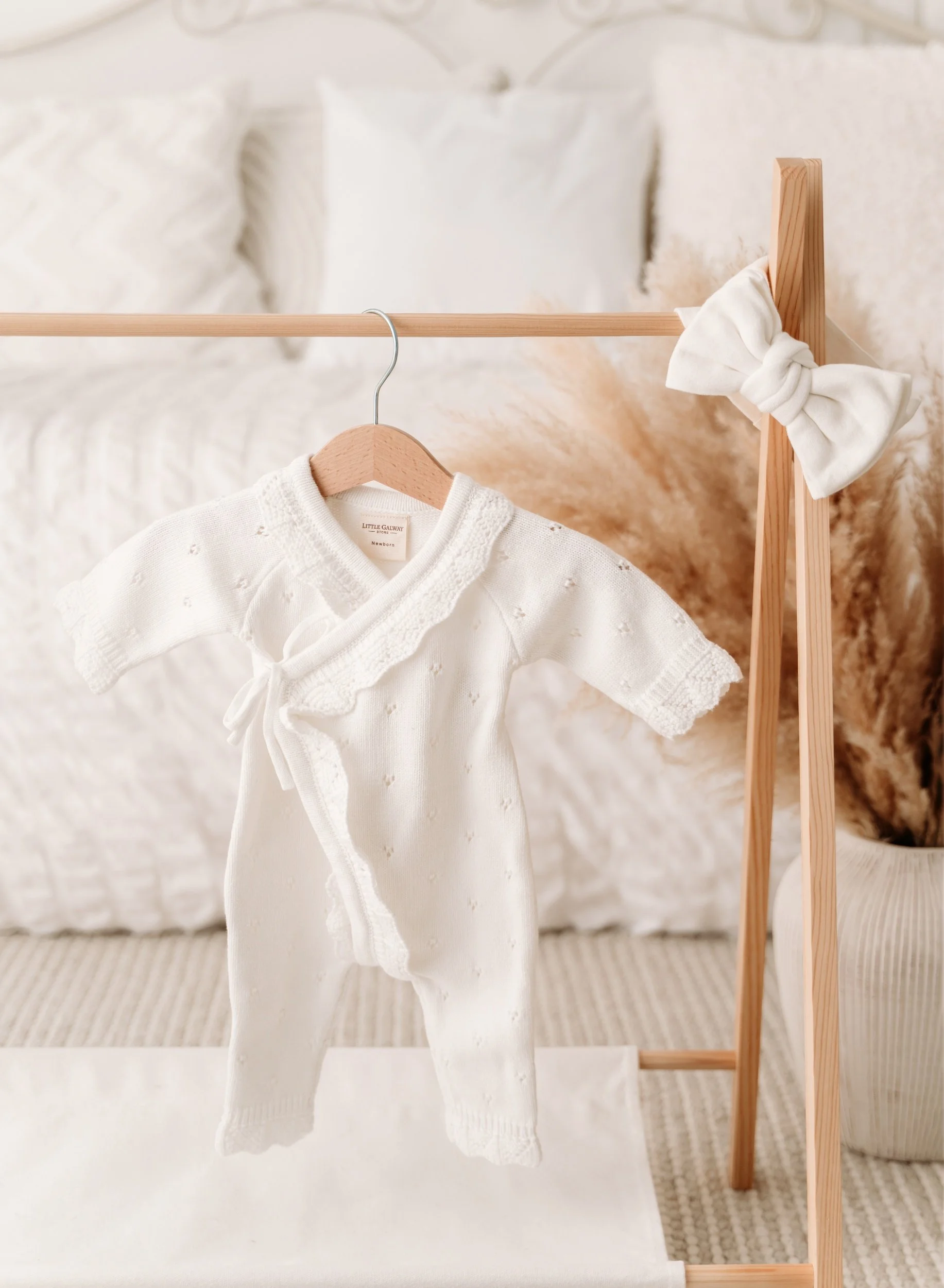 Ivory Pointelle Knit Romper & Pearl Bow Set