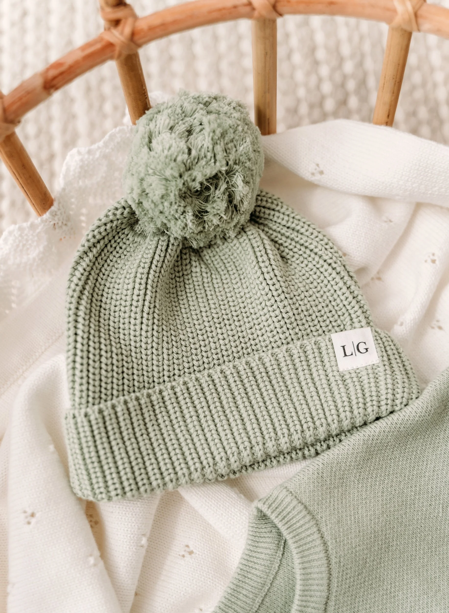 Knitted Bobble Hat - Sage Green