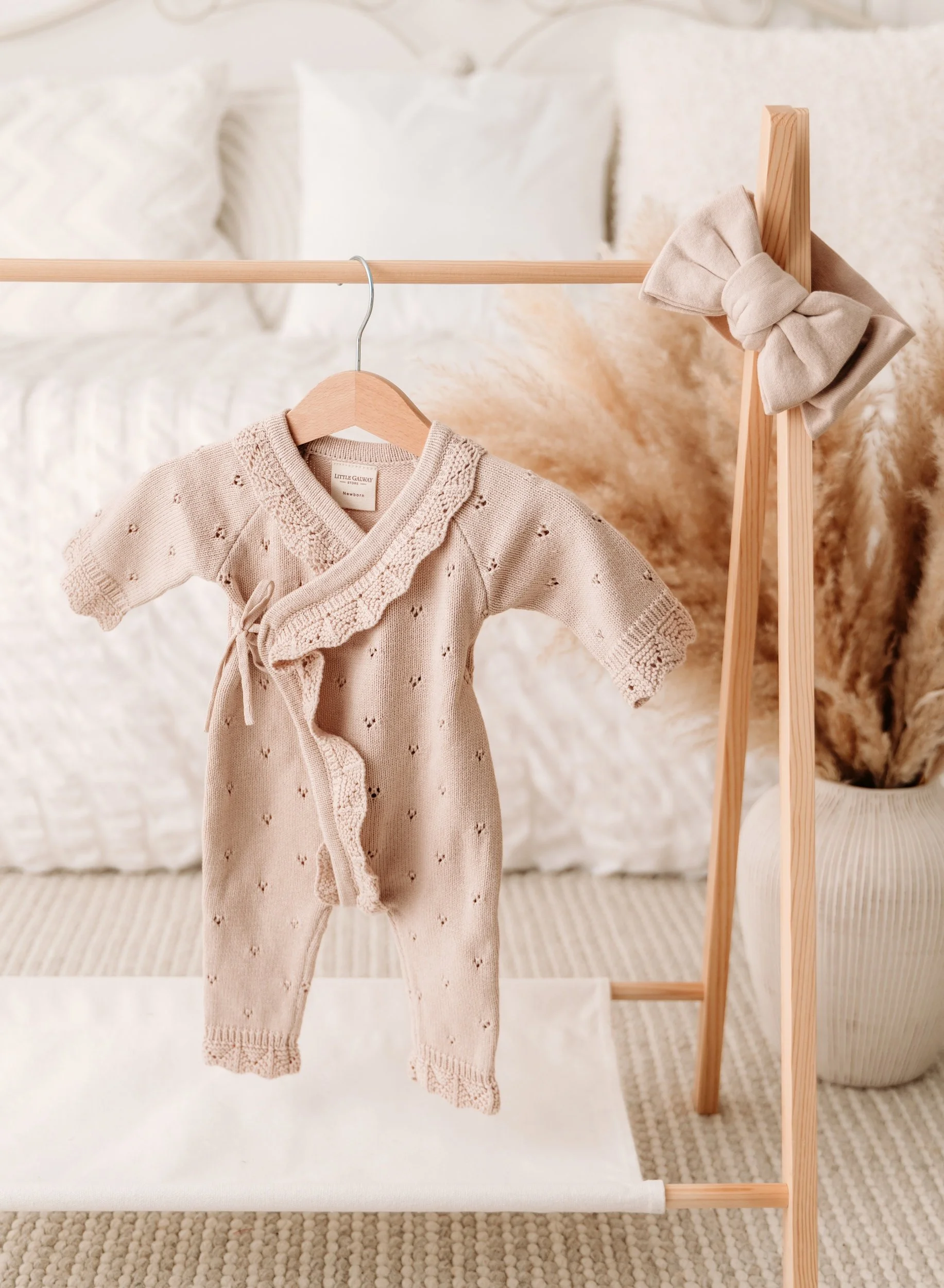 Warm Beige Pointelle Knit Romper & Bow Set