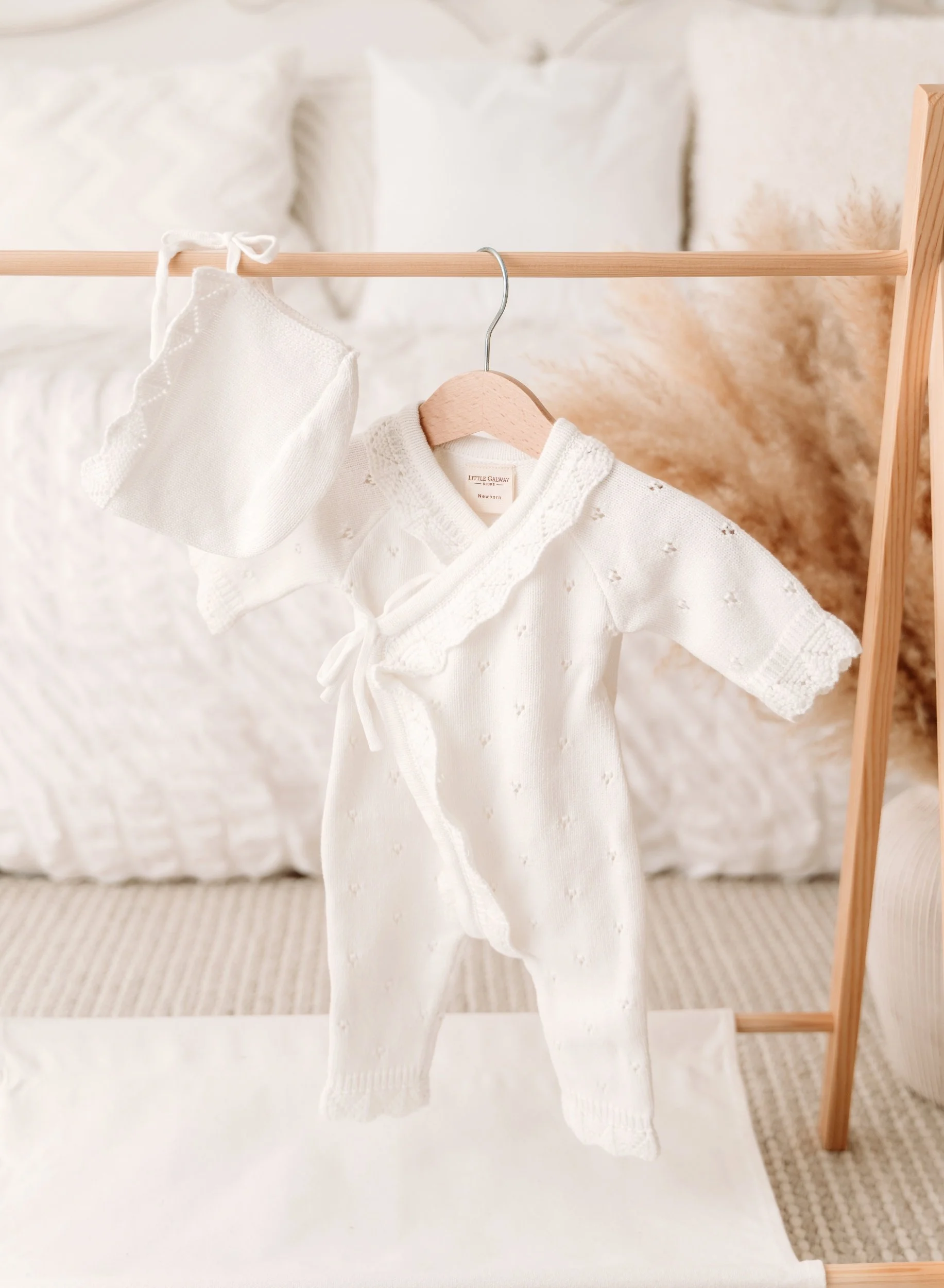 Ivory Pointelle Knit Romper & Bonnet Set