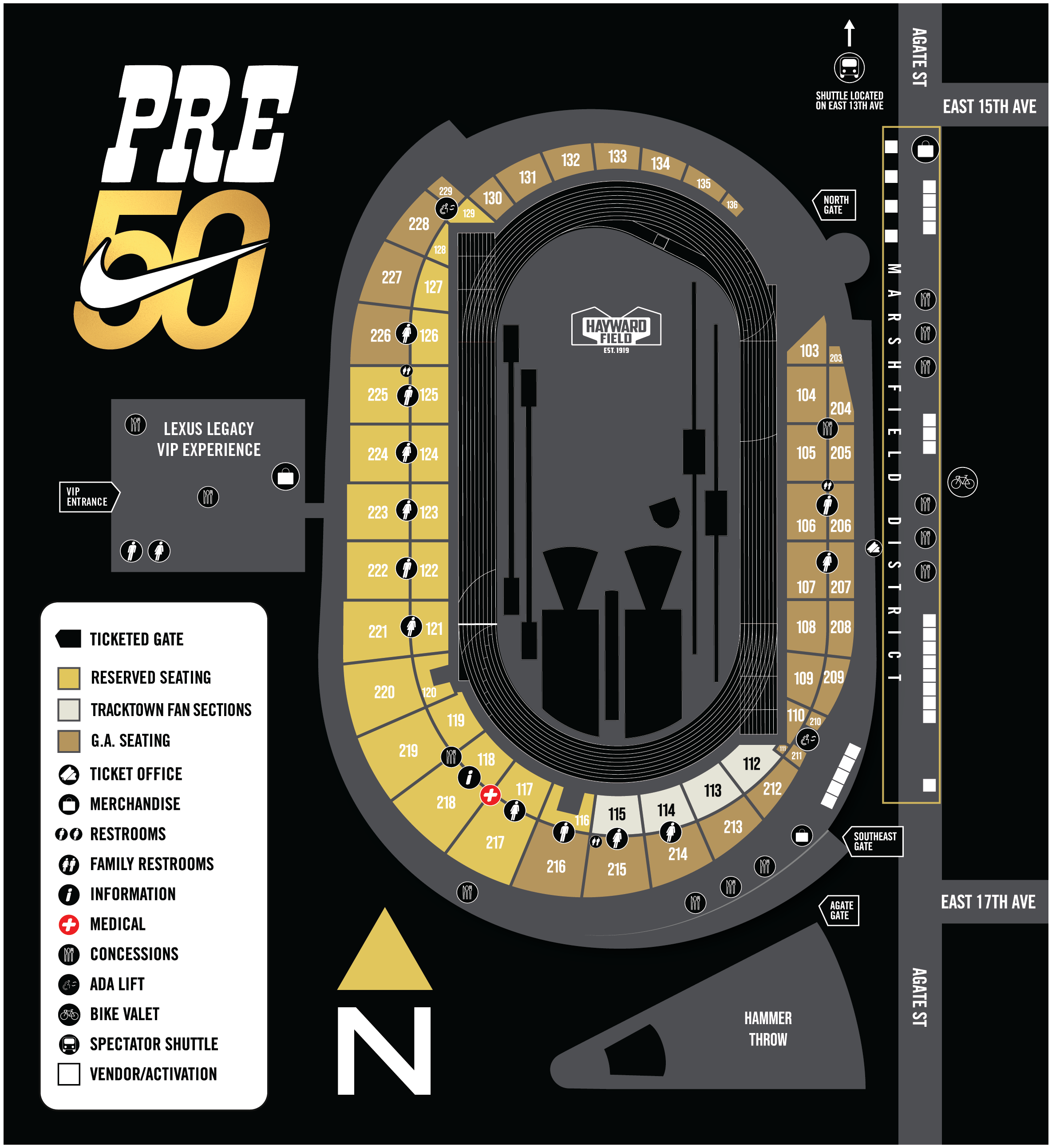 Graphic of a stadium map of Hayward Field for the 2025 Prefontaine Classic