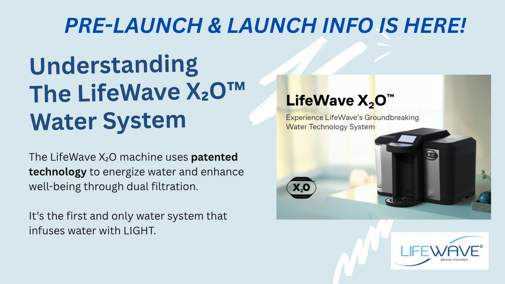 Promotional presentation slide for LifeWave X2O water system, featuring a water machine with a digital display.