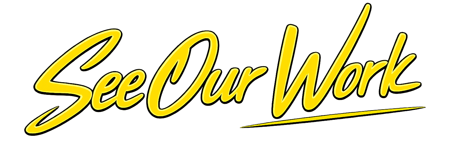 Bright yellow neon sign with the phrase 'See Our Work' written in cursive on a black background.