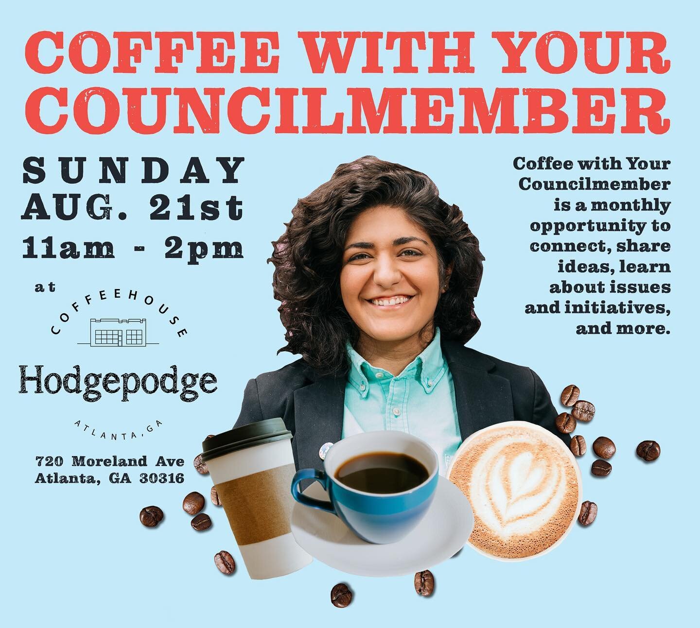 Join us this Sunday for August&rsquo;s edition of Coffee with Your Councilmember! We&rsquo;ll be at @hodgepodgecoffee from 11am - 2pm, chatting about neighborhood issues, concerns, ideas, and more. Stop by anytime, all are welcome!