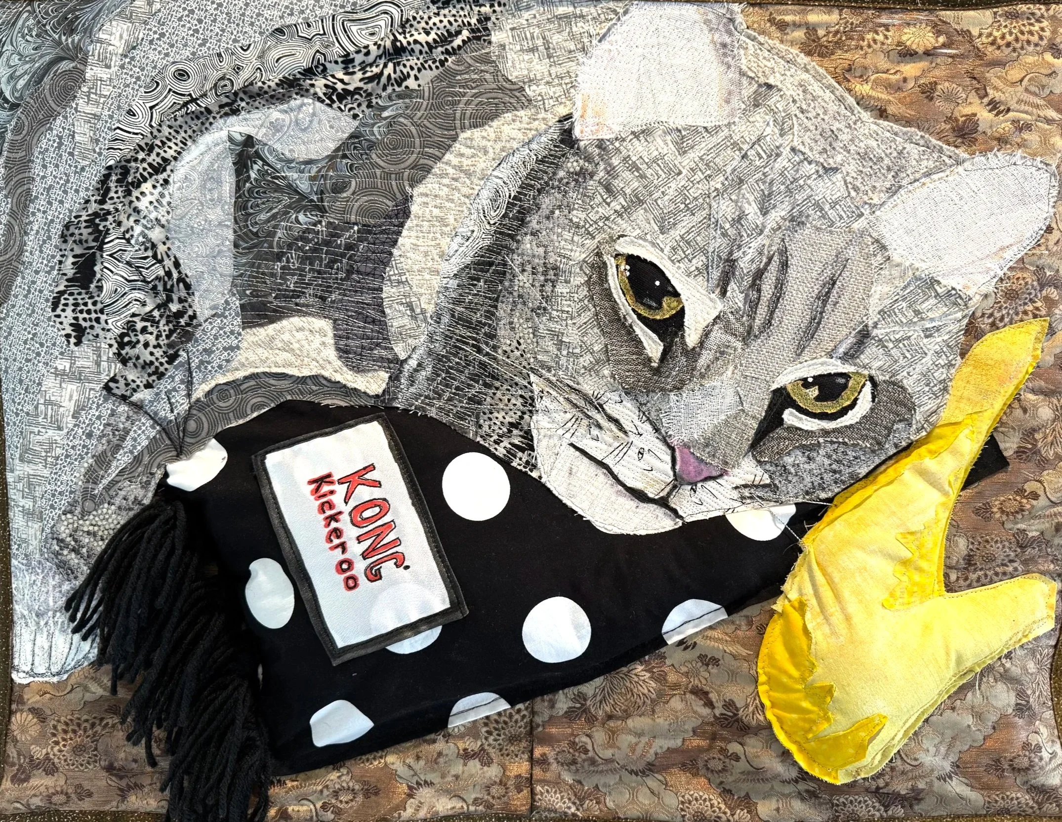 "LITTLE GREY" - Fused collage, free motion quilting, trapunto
