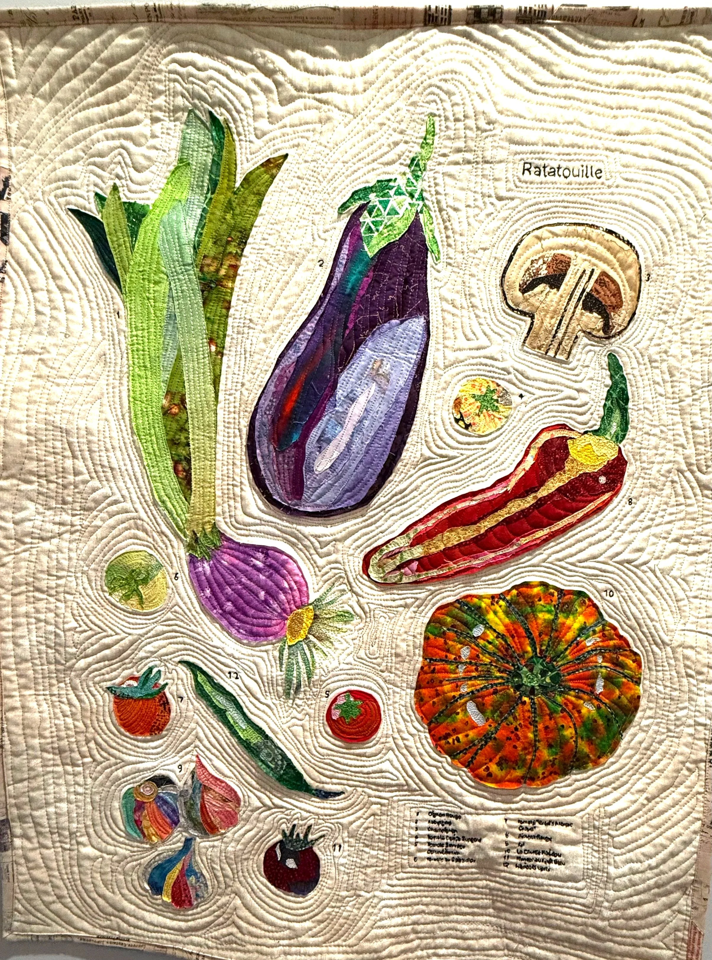 "RATATOUILLE". Fused appliaque, free motion quilting, embroidery