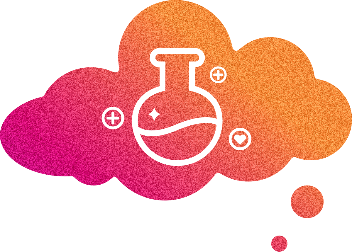 Digital illustration of a laboratory flask with a heartbeat line and chemical symbols, overlaid on a pink and orange gradient background.