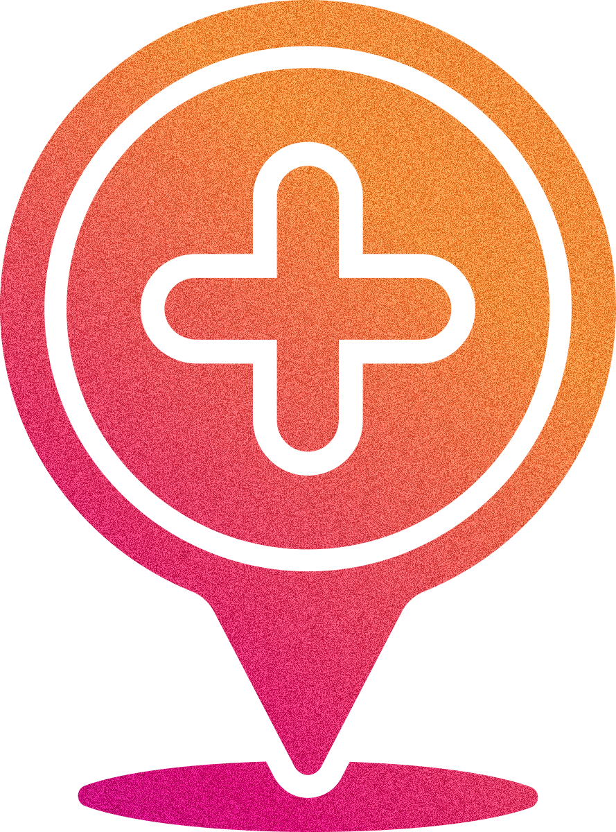 Stylized map pin with a plus sign inside, gradient orange and pink colors.