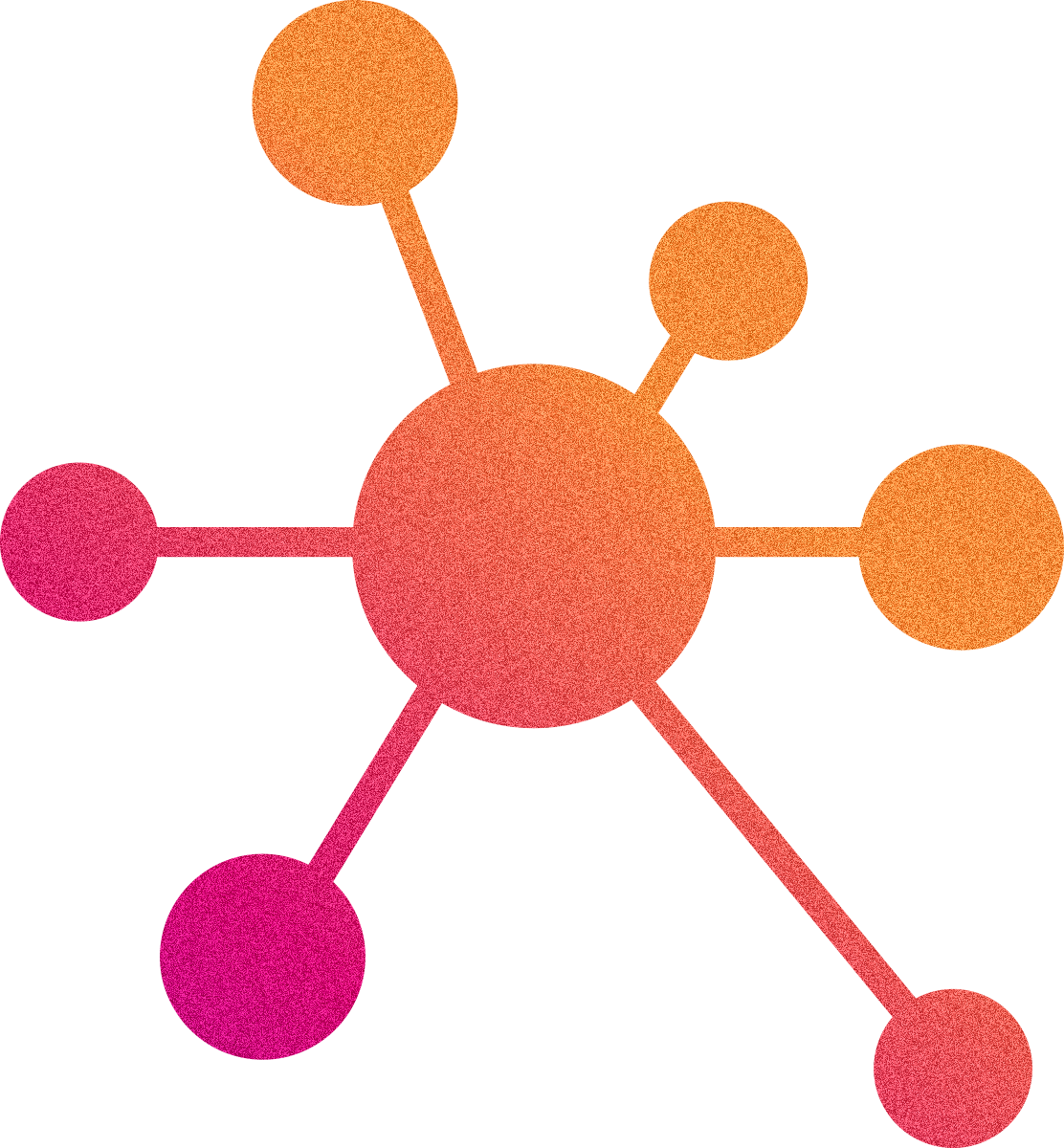 Abstract illustration of a molecular structure with interconnected circles in pink, orange, and black colors.