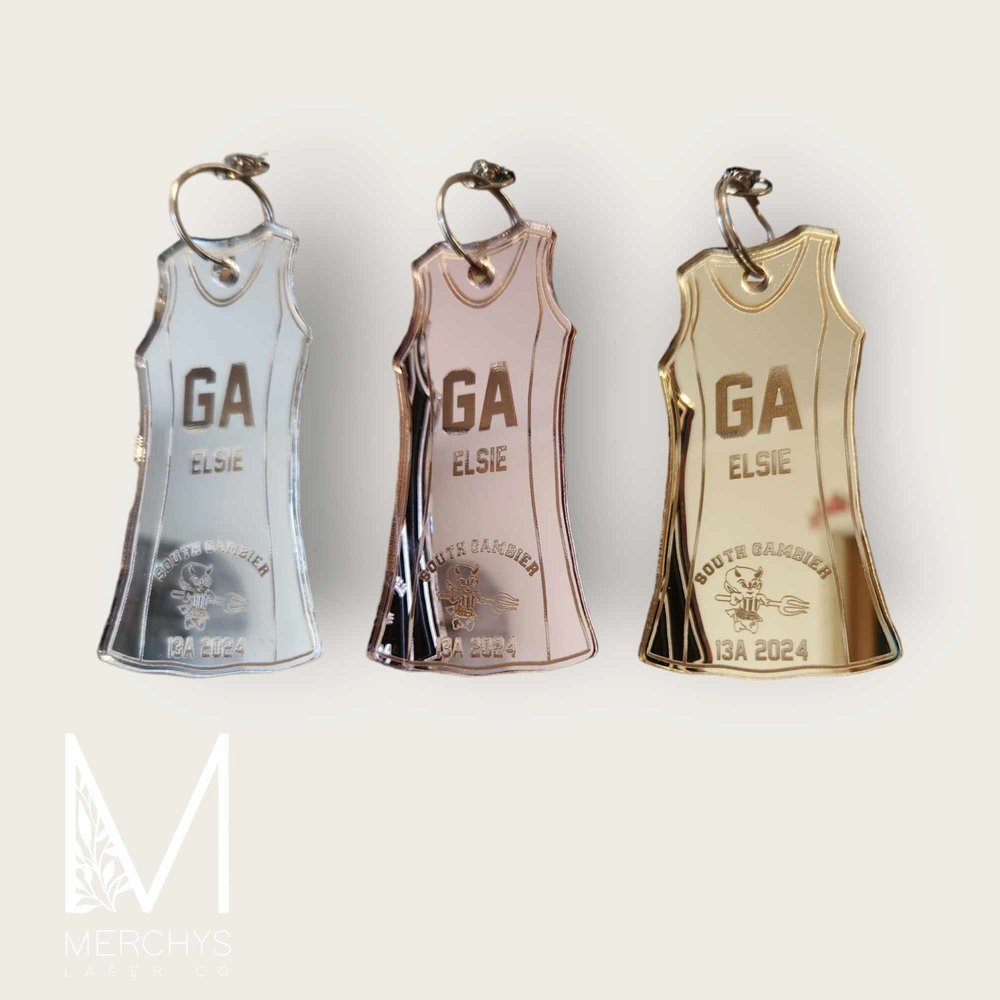 MIRROR ACRYLIC NETBALL DRESS KEYRINGS — Merchy's Laser Co