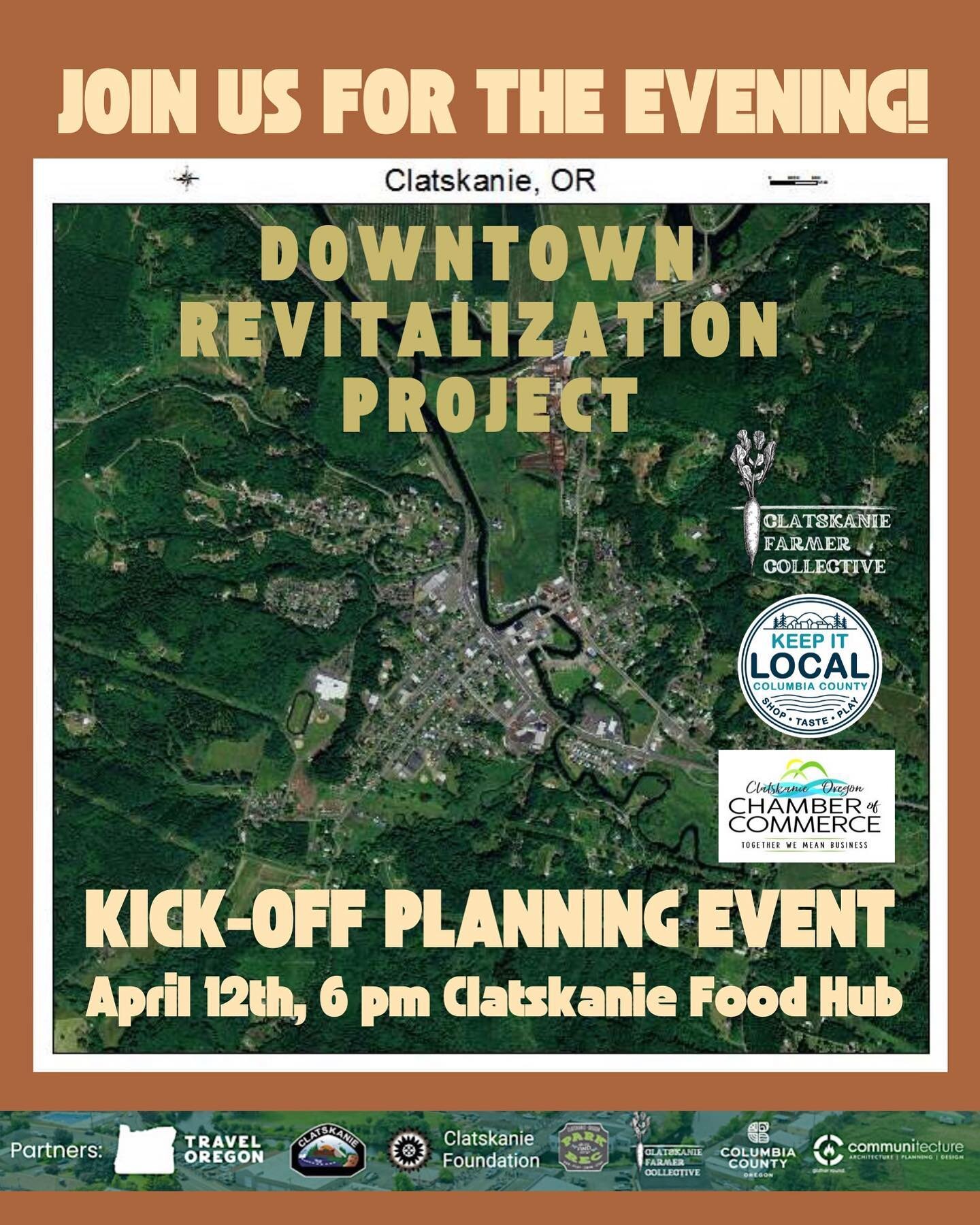 Citizens and visitors of Clatskanie! Join us Friday, April 12th at 6pm for the Clatskanie Chamber of Commerce&rsquo;s &ldquo;Downtown Revitalization &amp; Accessibility Project&rdquo; kick-off evening event! 

This is YOUR opportunity to learn about 