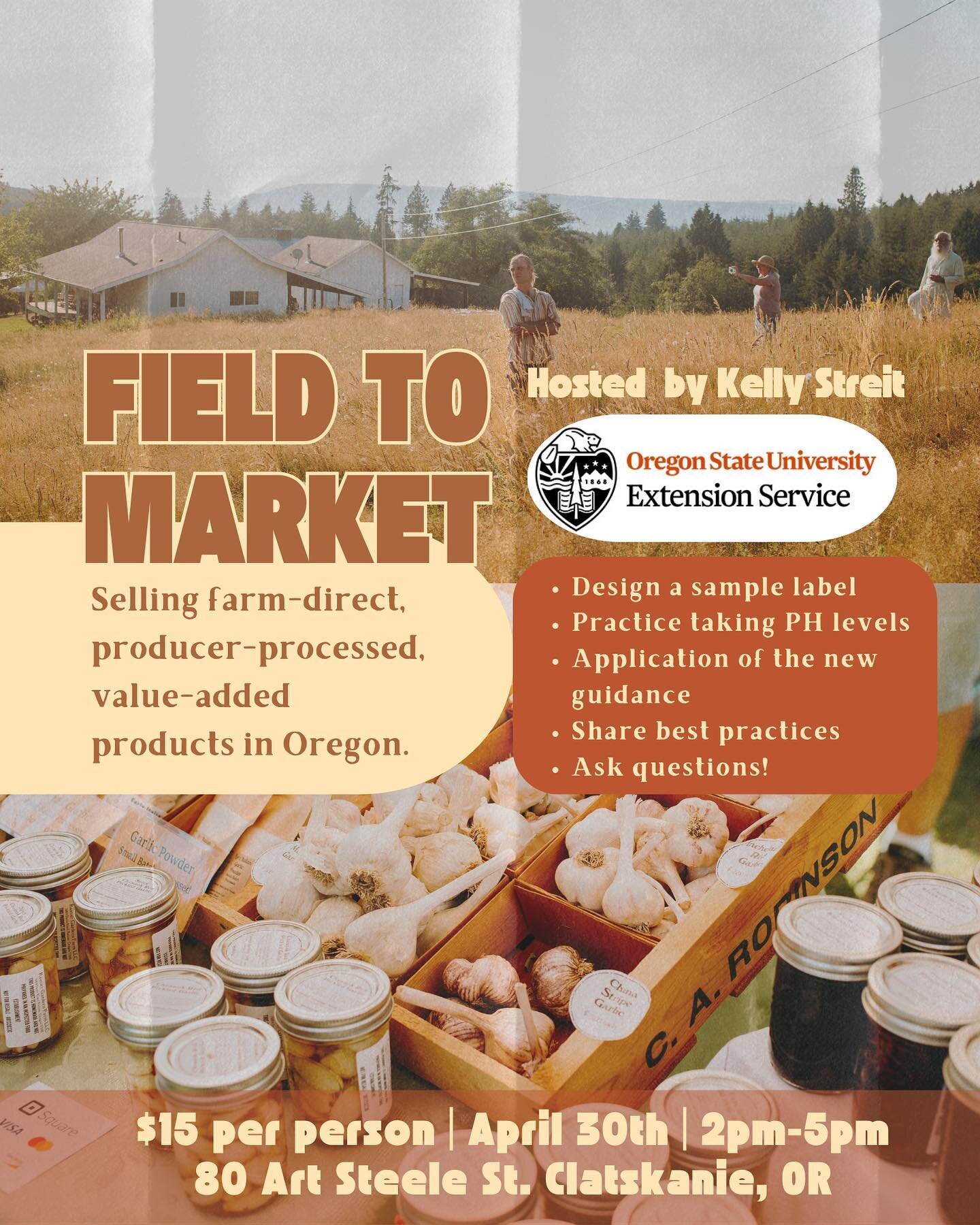 This in depth Field-to-Market course on Oregon Farm Direct Laws taught by OSU Extensions instructor, Kelly Streit, is live! 

This course is for any gardener or farmer that would like to produce and sell value-added, producer-processed products under