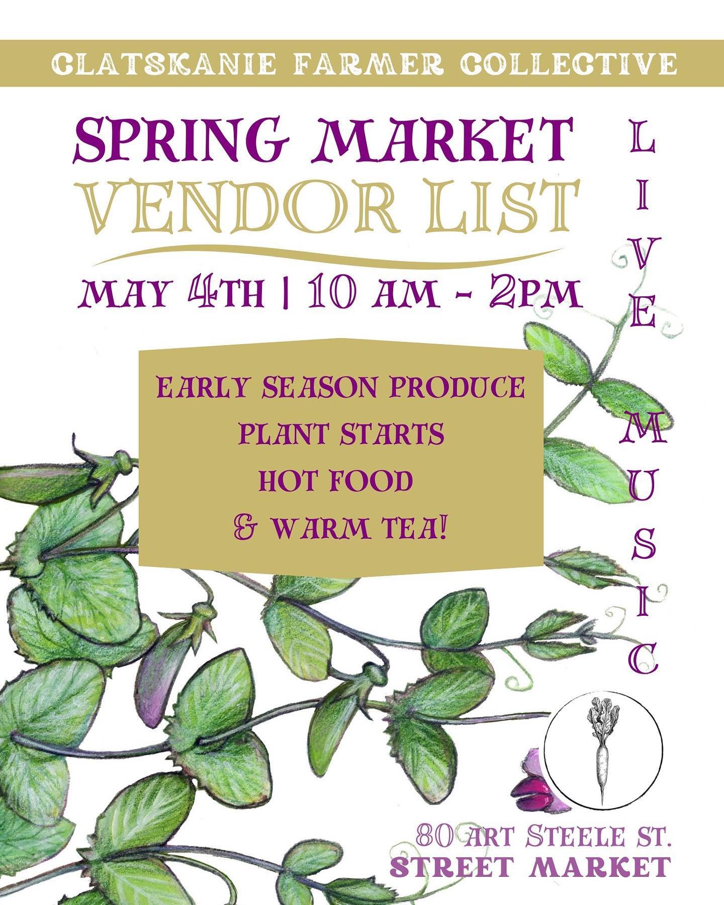 Last call for Spring Market vendors - deadline to apply is April 25th! Here is our current vendor list for May 4th, 10am - 2pm located on the street adjacent to the food hub 💜

- Remember to bring soil samples for @forest_aged mobile lab!
- The @the
