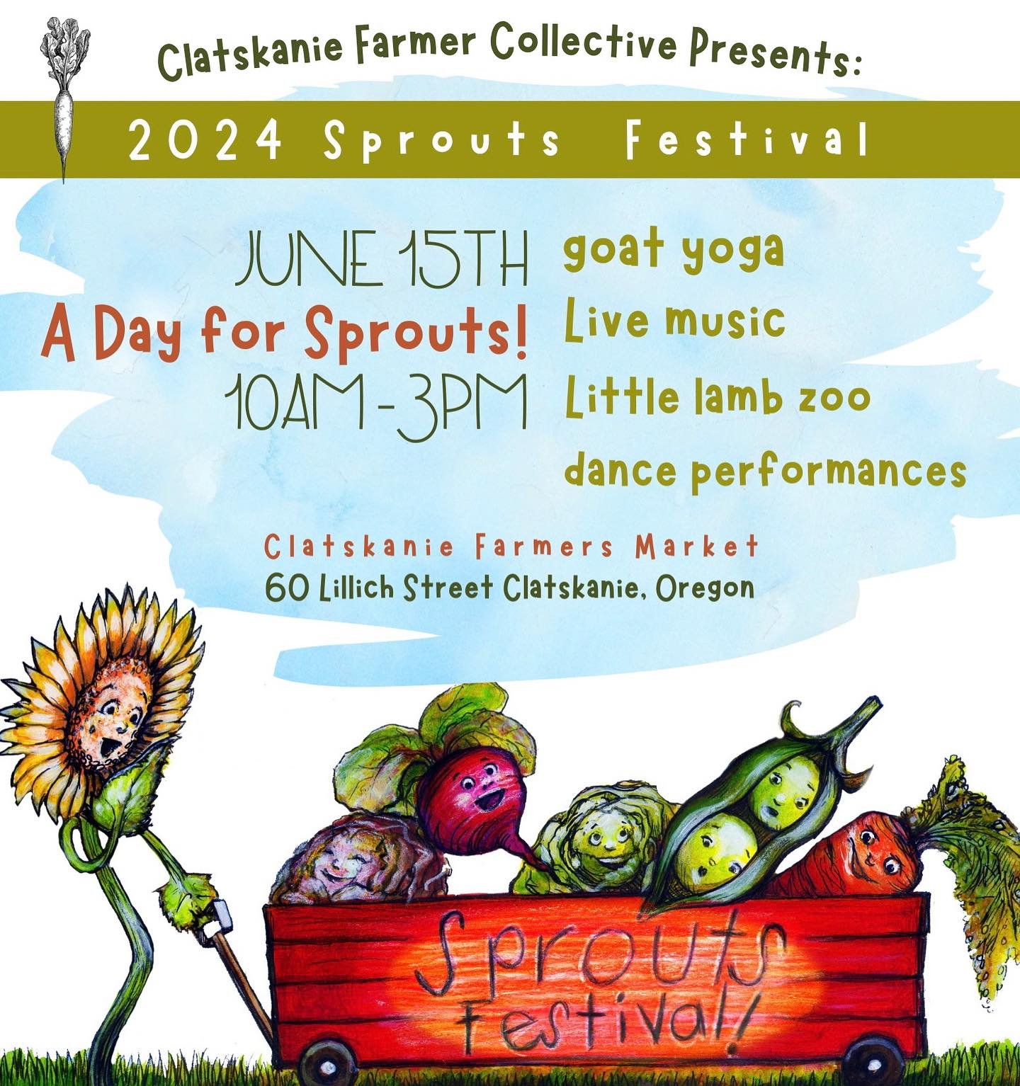 Sprouts Festival on June 15th from 10am - 3pm will feature a bummer lamb petting area hosted by Big River Farms, goat yoga, Reach for the Stars dance performances and lots of great educational kids activities! 

Live music, food trucks, many local ve