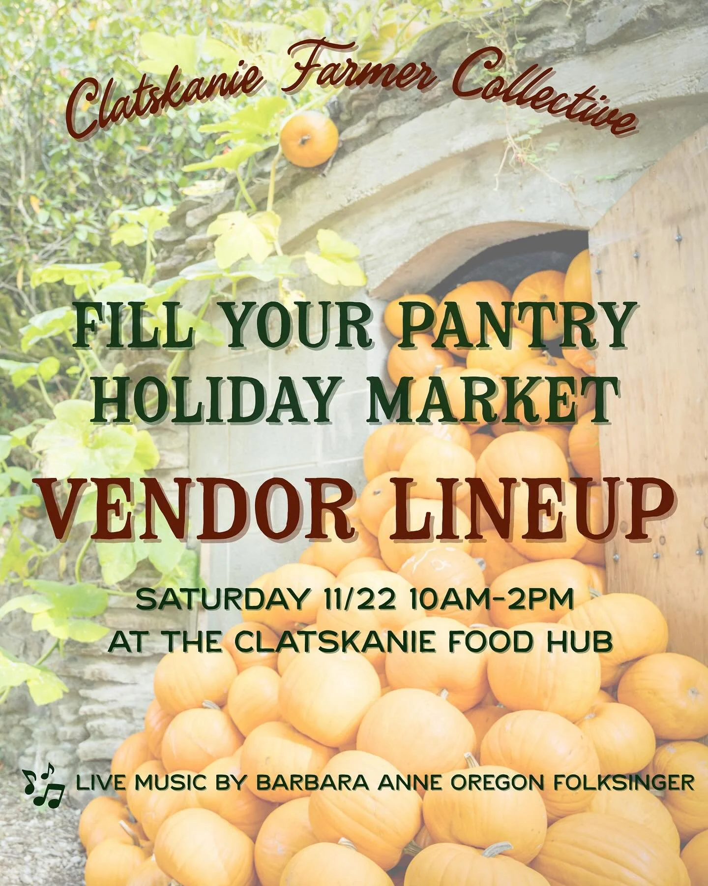 It&rsquo;s going to be a beautiful fall day tomorrow and we have an amazing vendor lineup for our Fill Your Pantry Holiday Market at the Food Hub! Come on out and shop local!

We&rsquo;ll have hot apple cider for sale and free winter squash samples. 