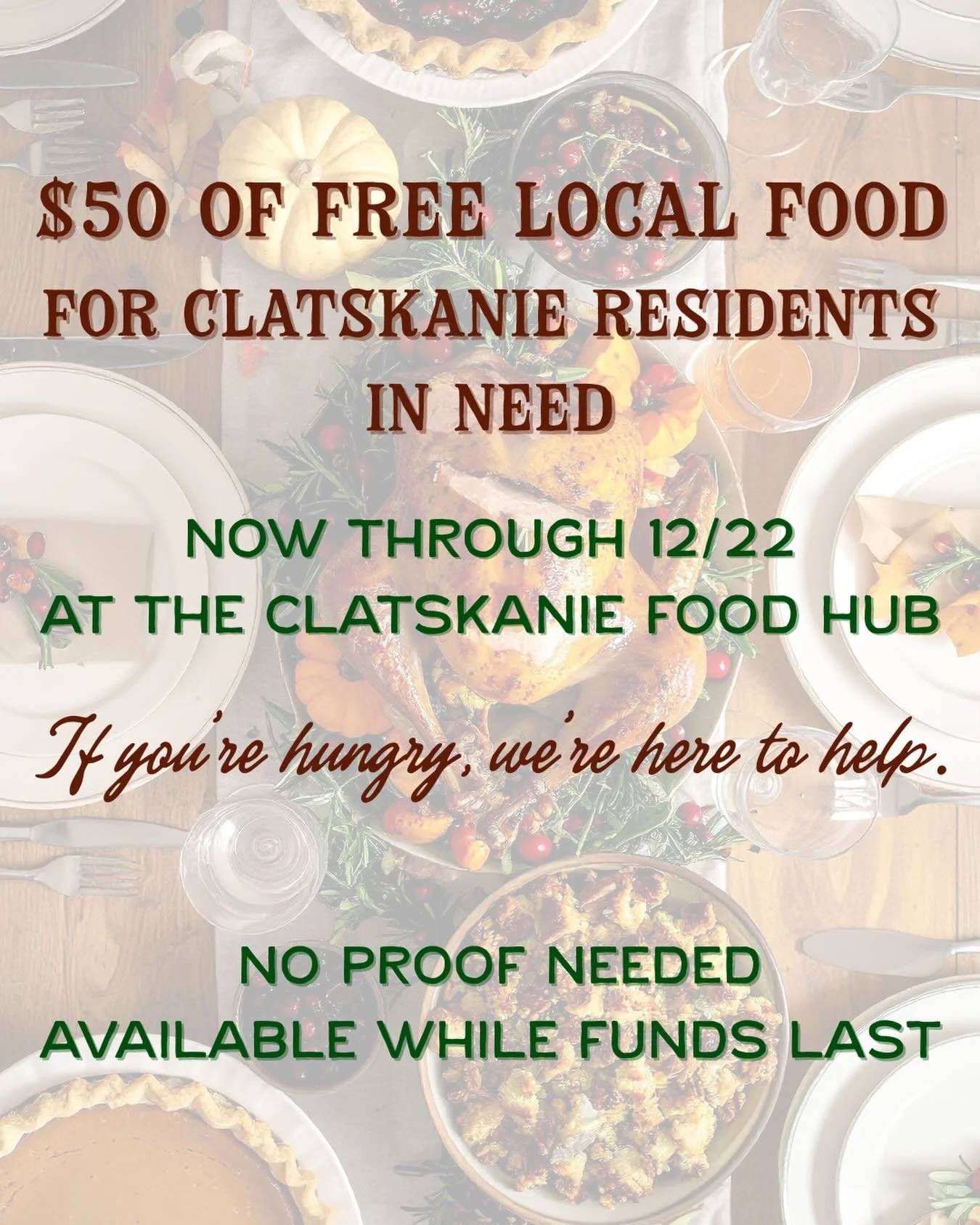 We have a little extra LFPA funding to share before the year ends &mdash; and we want it to go straight to our Clatskanie neighbors who need it most.

Now through Sunday, 12/22, Clatskanie residents who could use some support can receive up to $50 of
