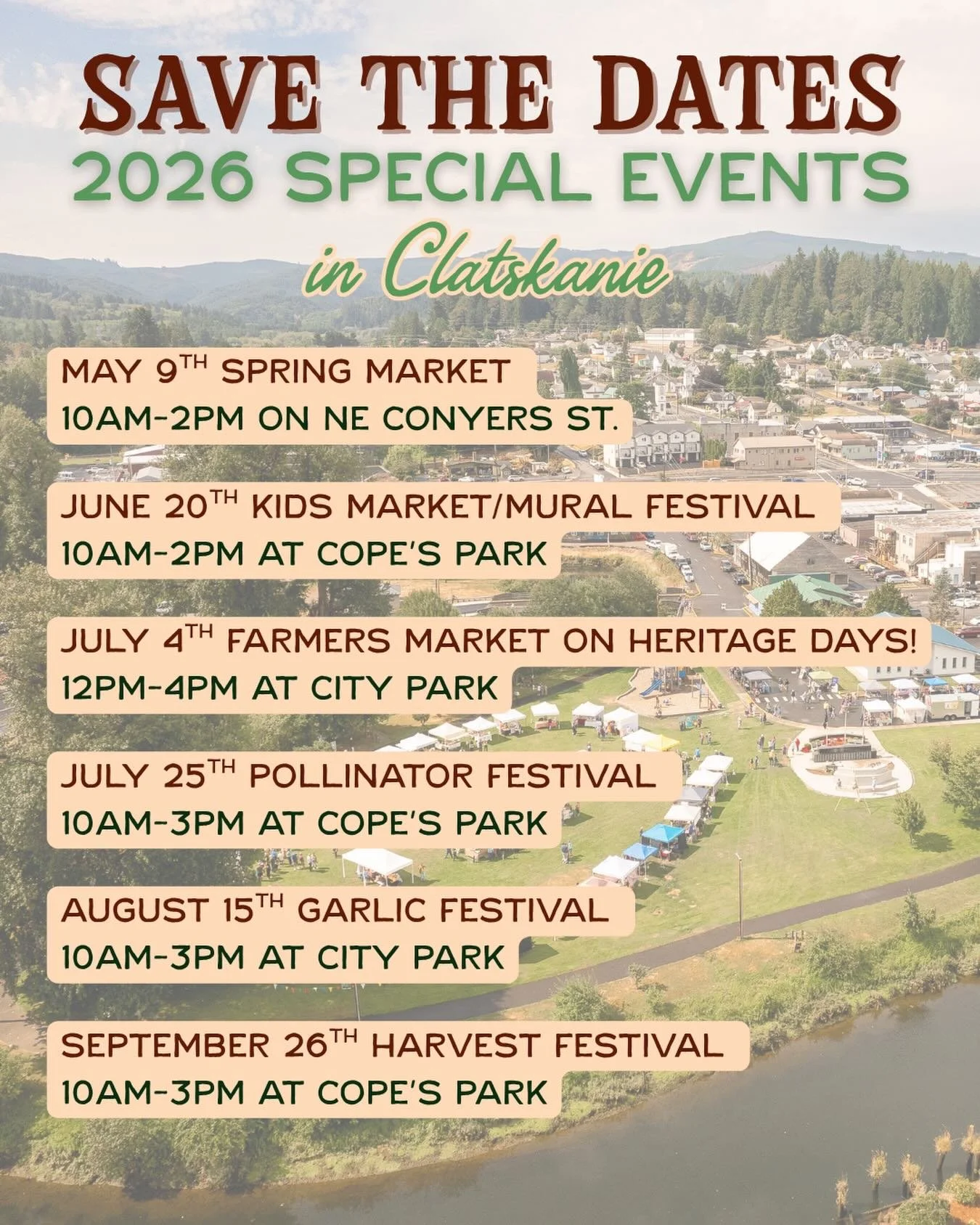 Mark your calendars, Clatskanie 🌿

From spring&rsquo;s first stirrings to the fullness of harvest! 
In addition to our regularly scheduled Farmers Market every Saturday 10-2 in Copes Park, here are some special events you won&rsquo;t want to miss th