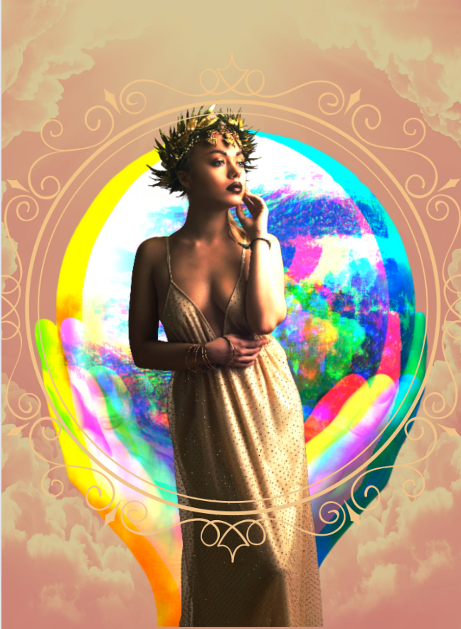 A woman wearing a gold dress and a crown with leafy details, standing in front of a colorful, abstract background with clouds and swirling patterns. The world card in tarot.