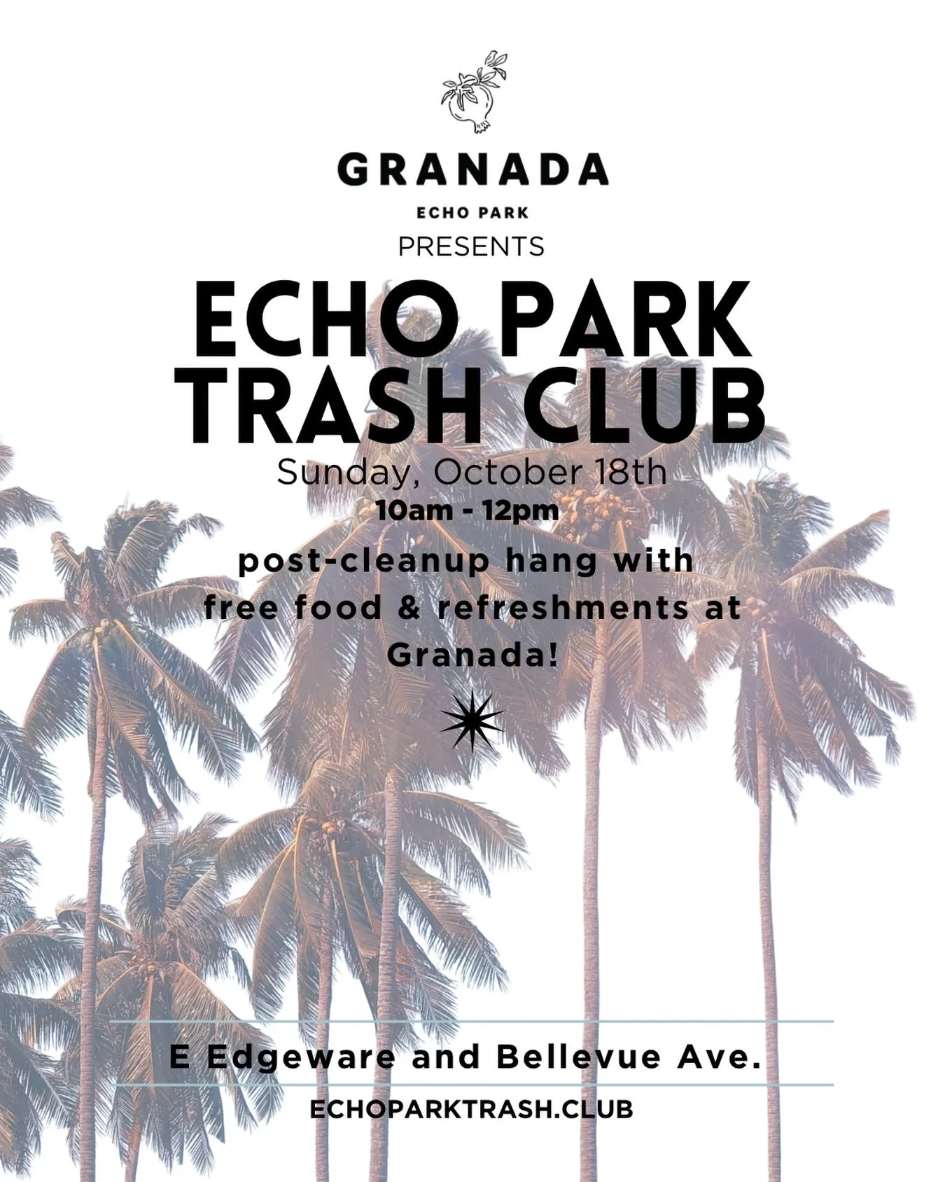 Sunday, Oct 18: Echo Park Trash Club x Granada 🌿

Join us for our next cleanup, teaming up with @granada_echopark, one of LA&rsquo;s best new cafes, set inside a home in Angelino Heights. After we tidy up the neighborhood, Granada is treating every 